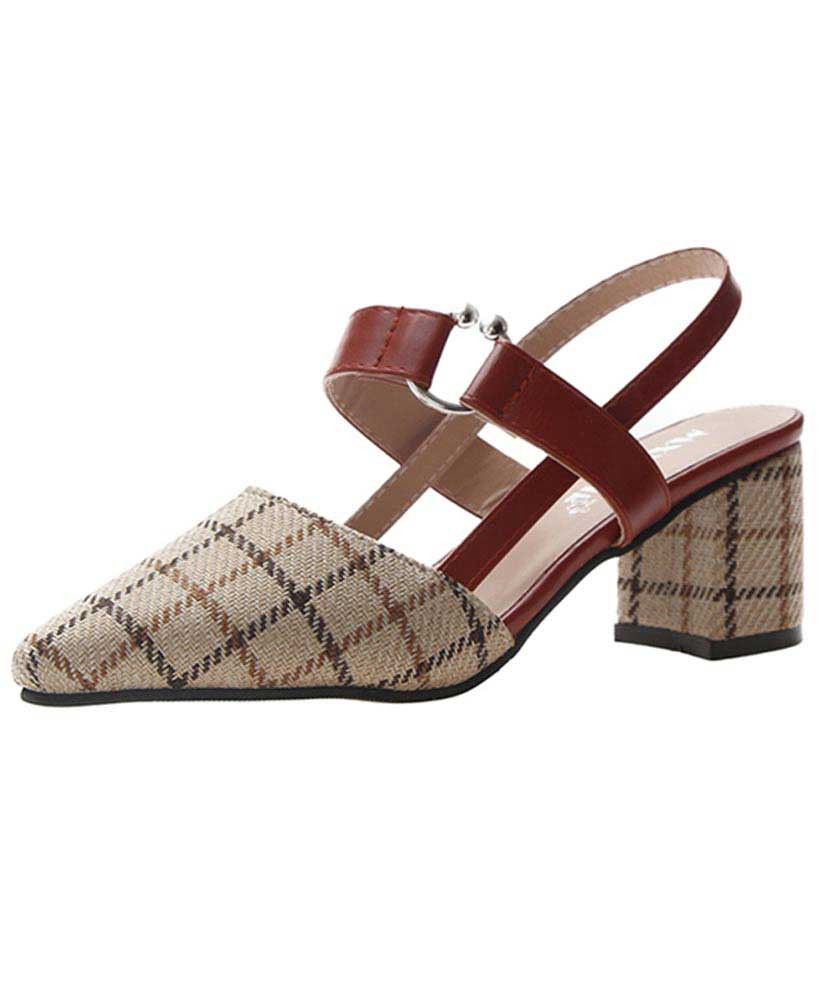 Khaki check pattern slip on heel sandal 