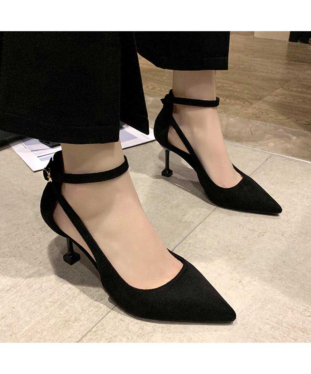 Black suede ankle buckle cut out high heel shoe | Womens heel shoes ...