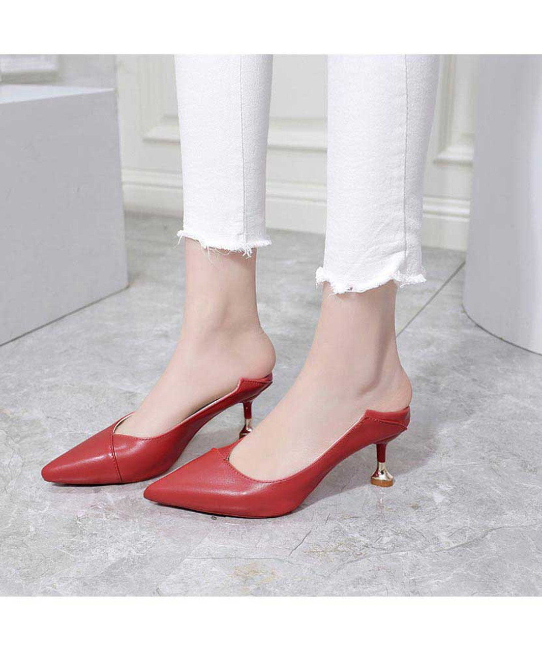 Red mid heel slip on dress shoe in plain | Womens dress shoes, court ...