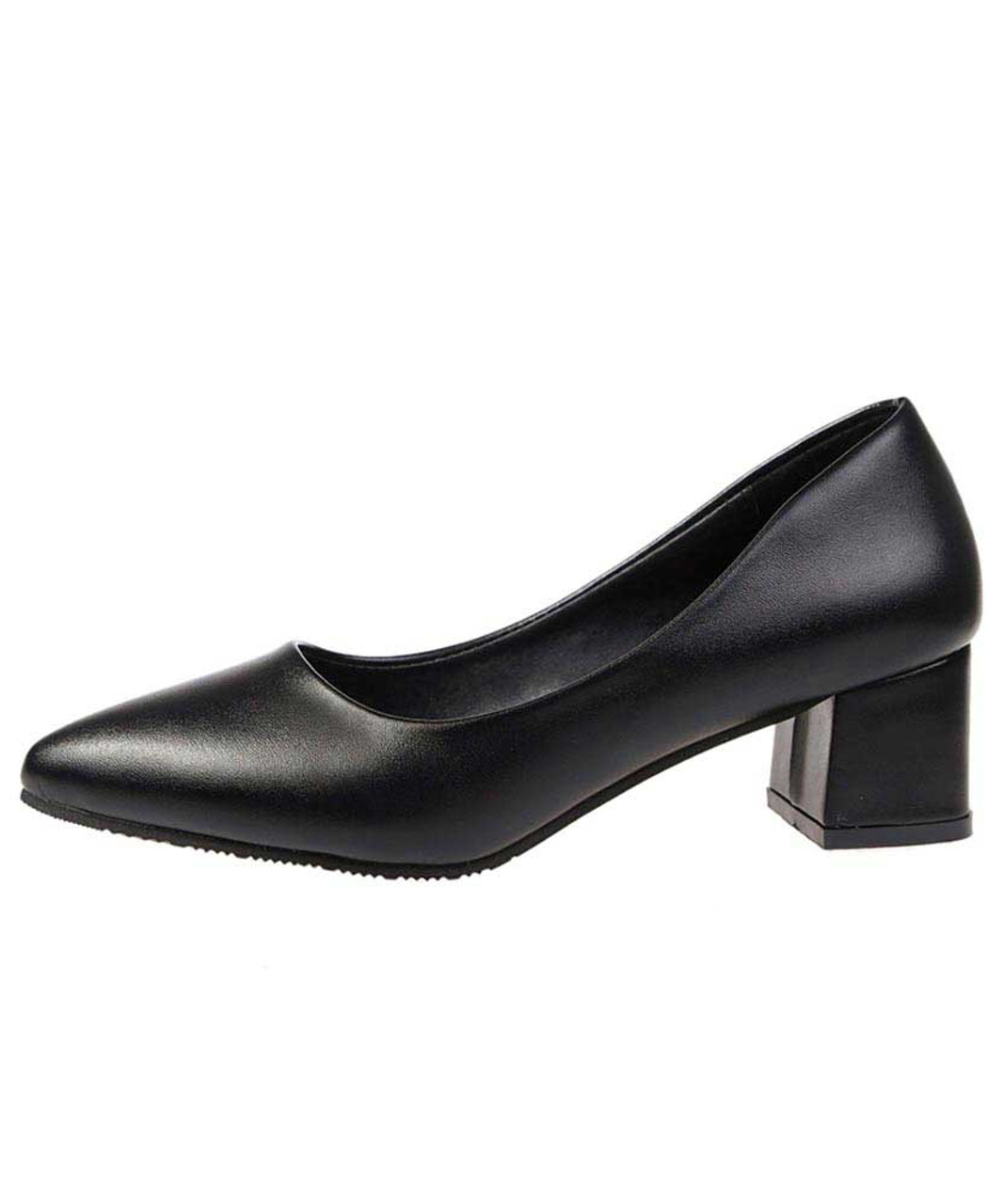 Black slip on mid thick heel dress shoe 