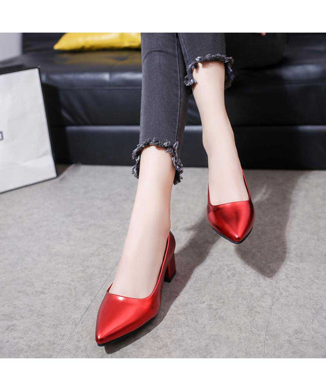 Red slip on mid thick heel dress shoe point toe | Womens dress shoes ...