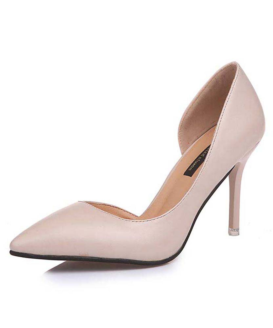 Beige slip on high heel dress shoe side 