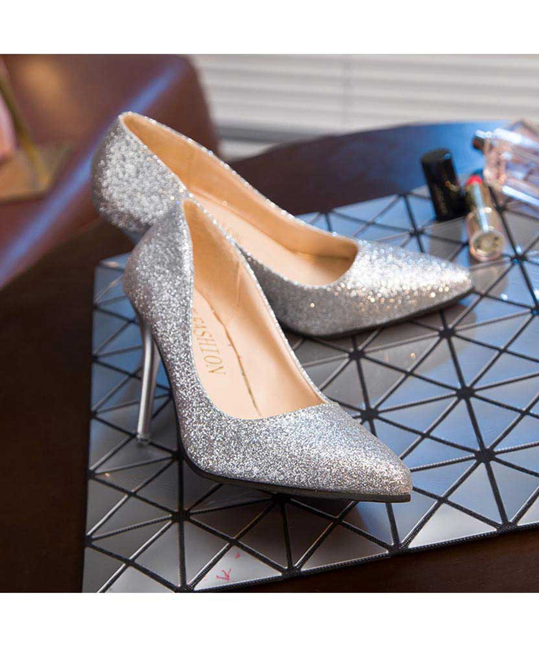 Silver sequin pattern slip on high heel dress shoe | Womens dress shoes ...