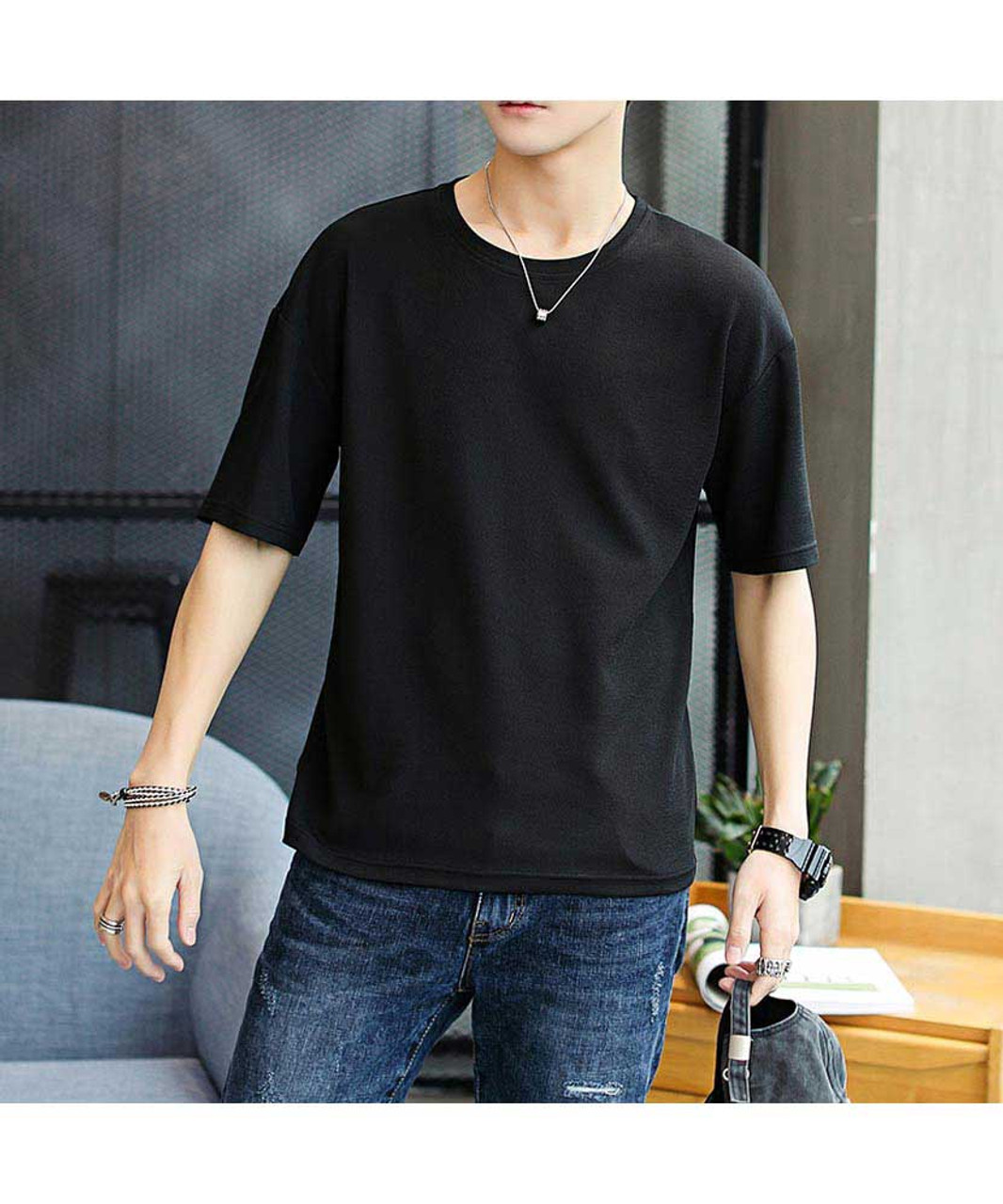 Round Casual Wear Mens Plain Black T-Shirt