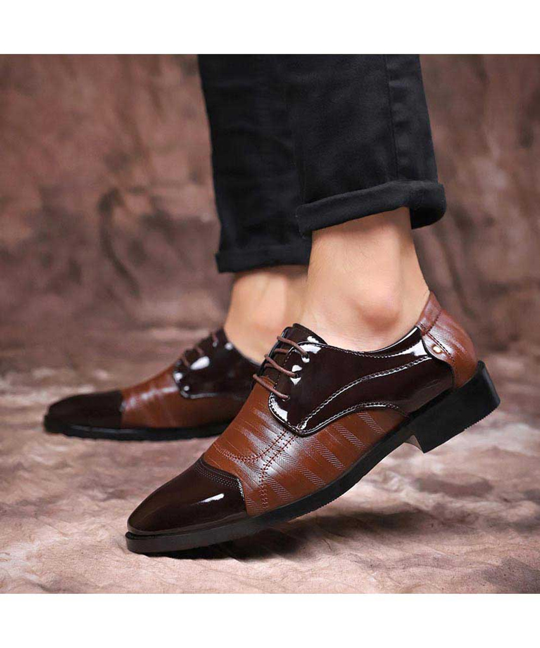 Brown stripe texture leather derby dress shoe | Mens dress shoes online ...