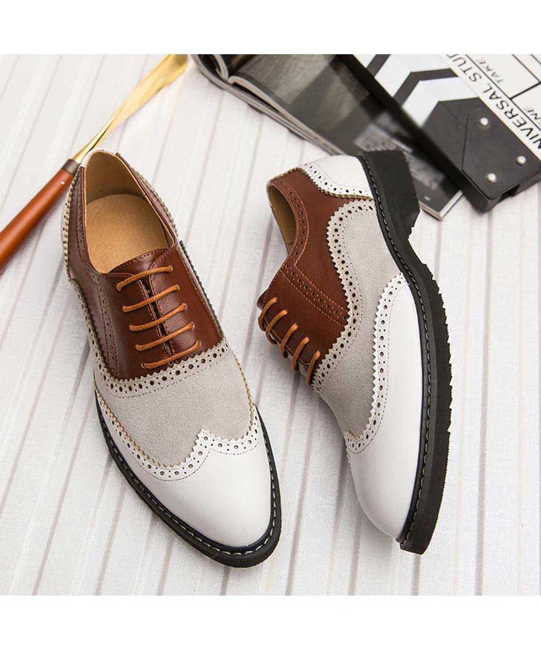 White brown two tone retro brogue oxford leather dress shoe | Mens ...