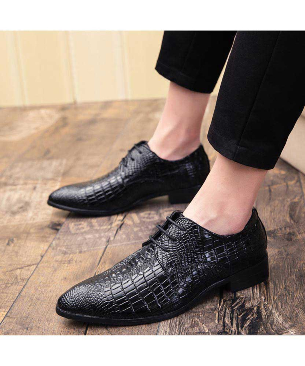 Black crocodile skin pattern leather derby dress shoe | Mens dress ...