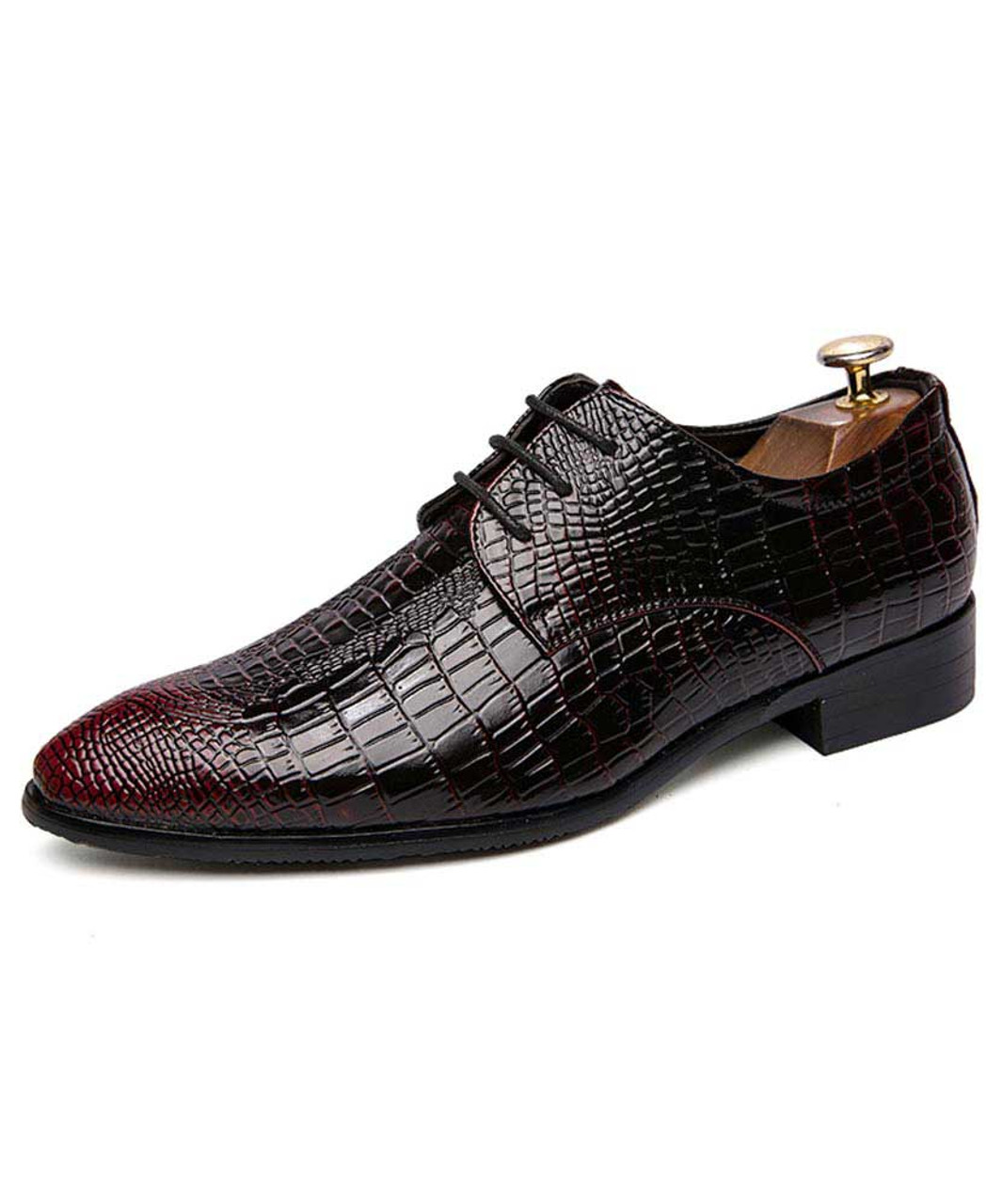 Black red crocodile skin pattern leather derby dress shoe