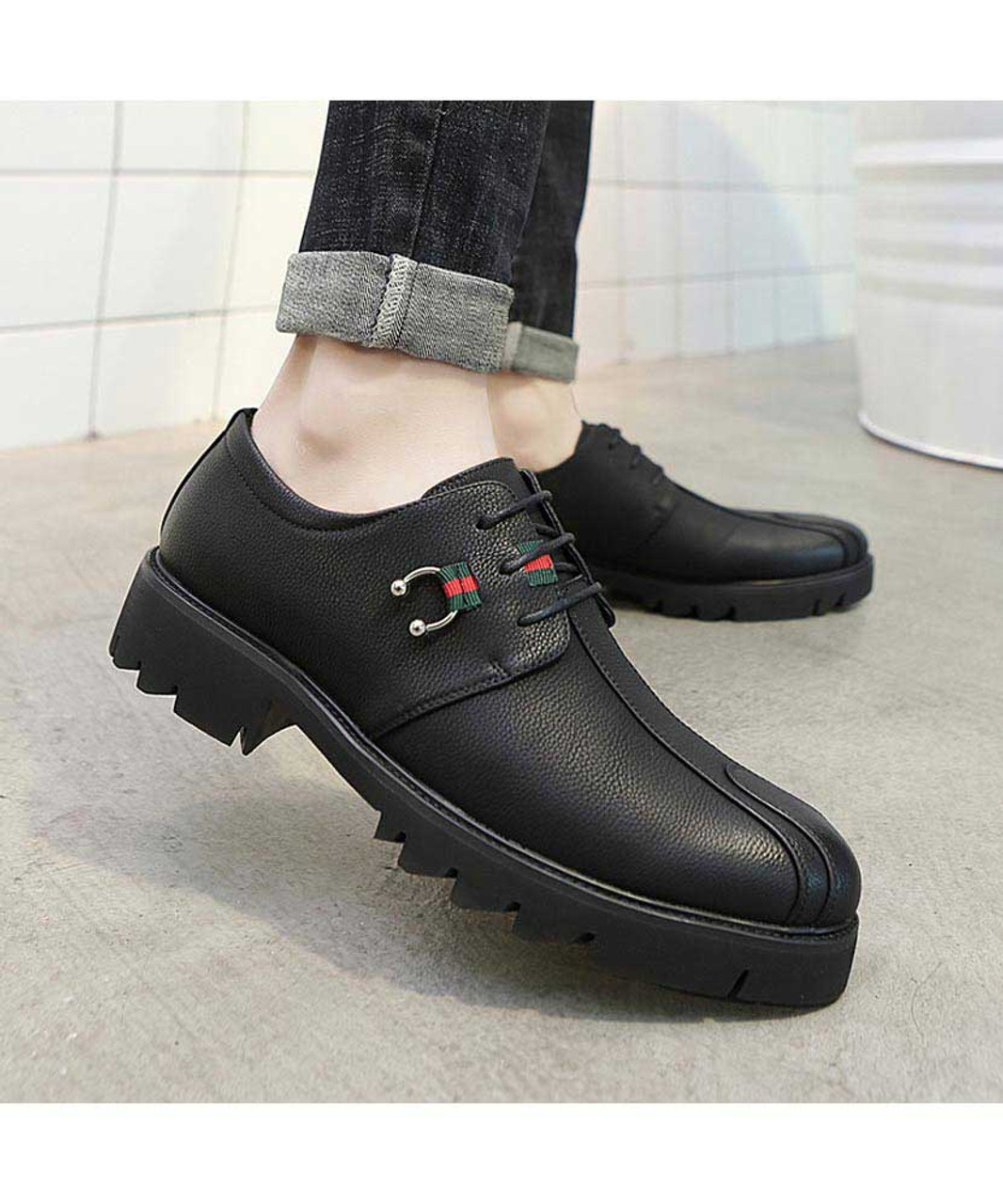 Black leather derby dress shoe with metal decorated | Mens dress shoes ...
