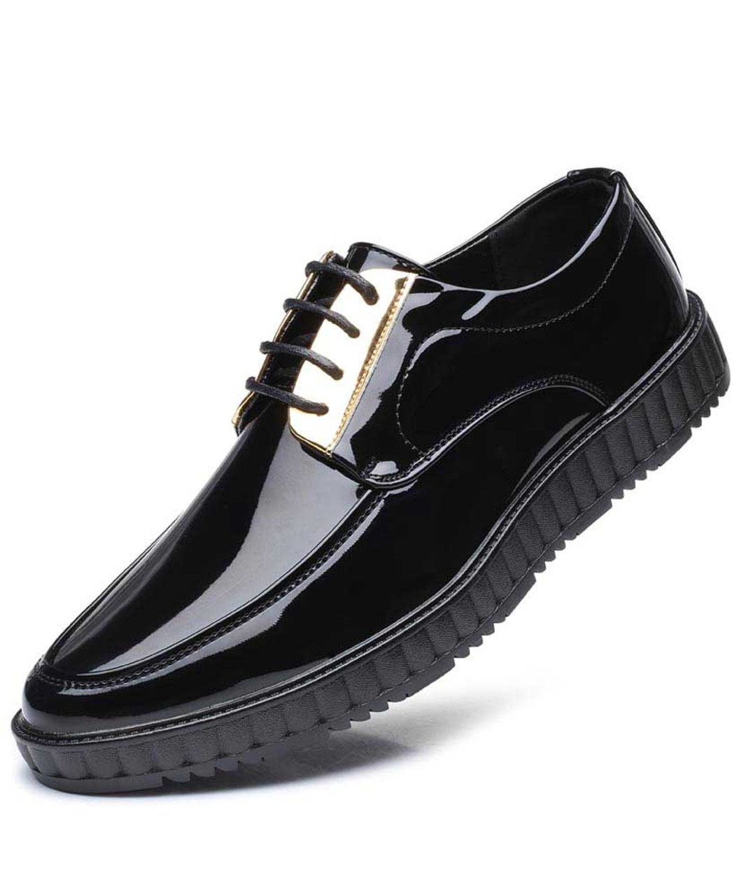 Black golden panel leather derby dress shoe | Mens dress shoes online ...