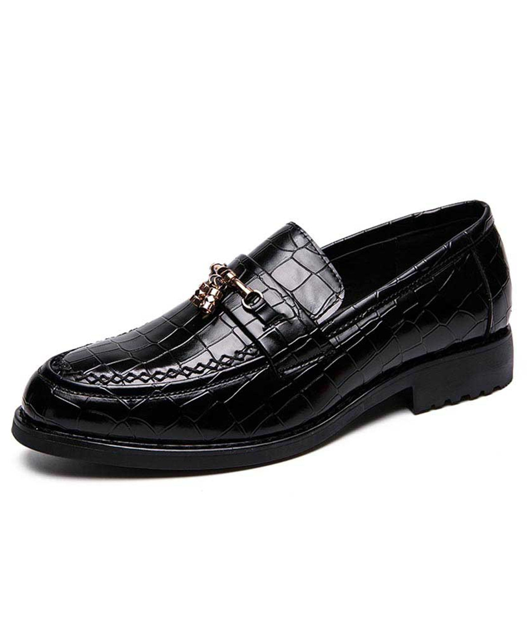 Black croco pattern leather slip on dress shoe with buckle | Mens