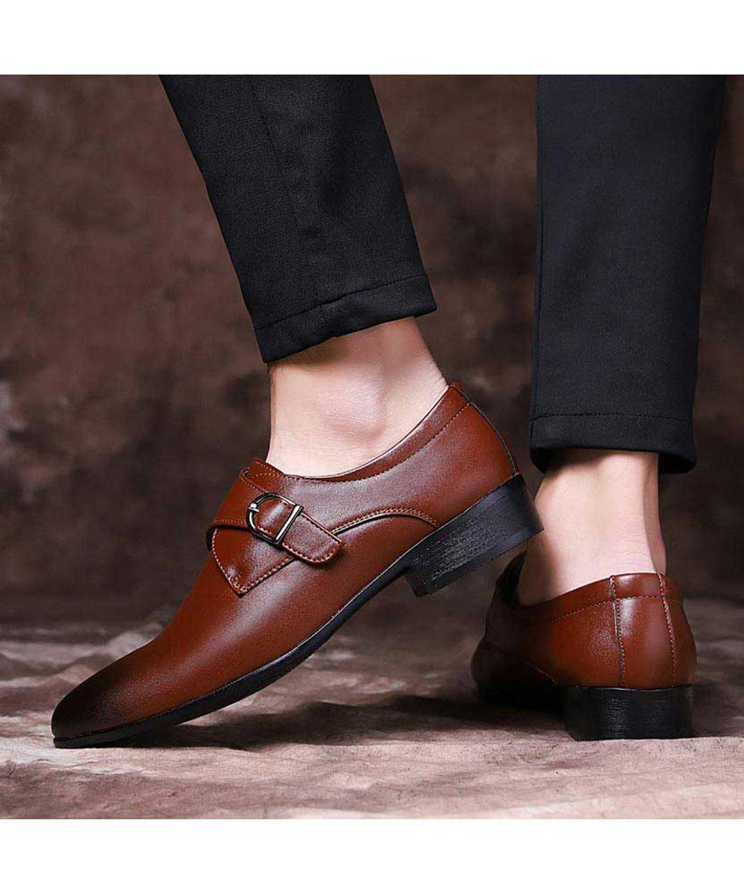 Brown buckle strap leather slip on dress shoe | Mens dress shoes online ...
