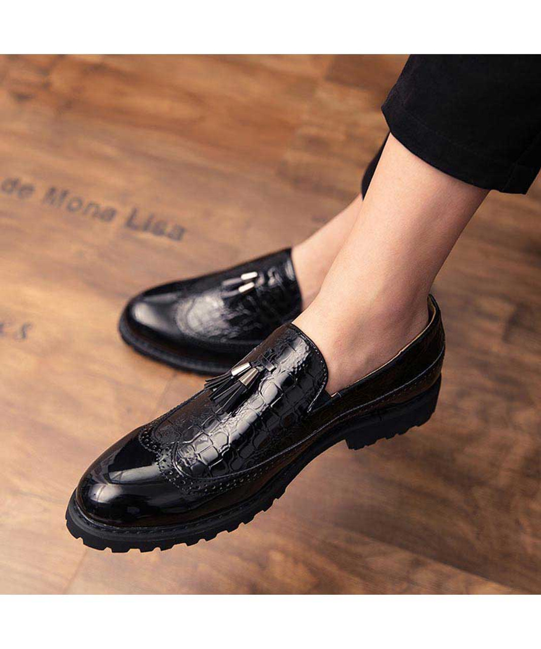 Black brogue croco patent slip on dress shoe with tassel | Mens dress ...