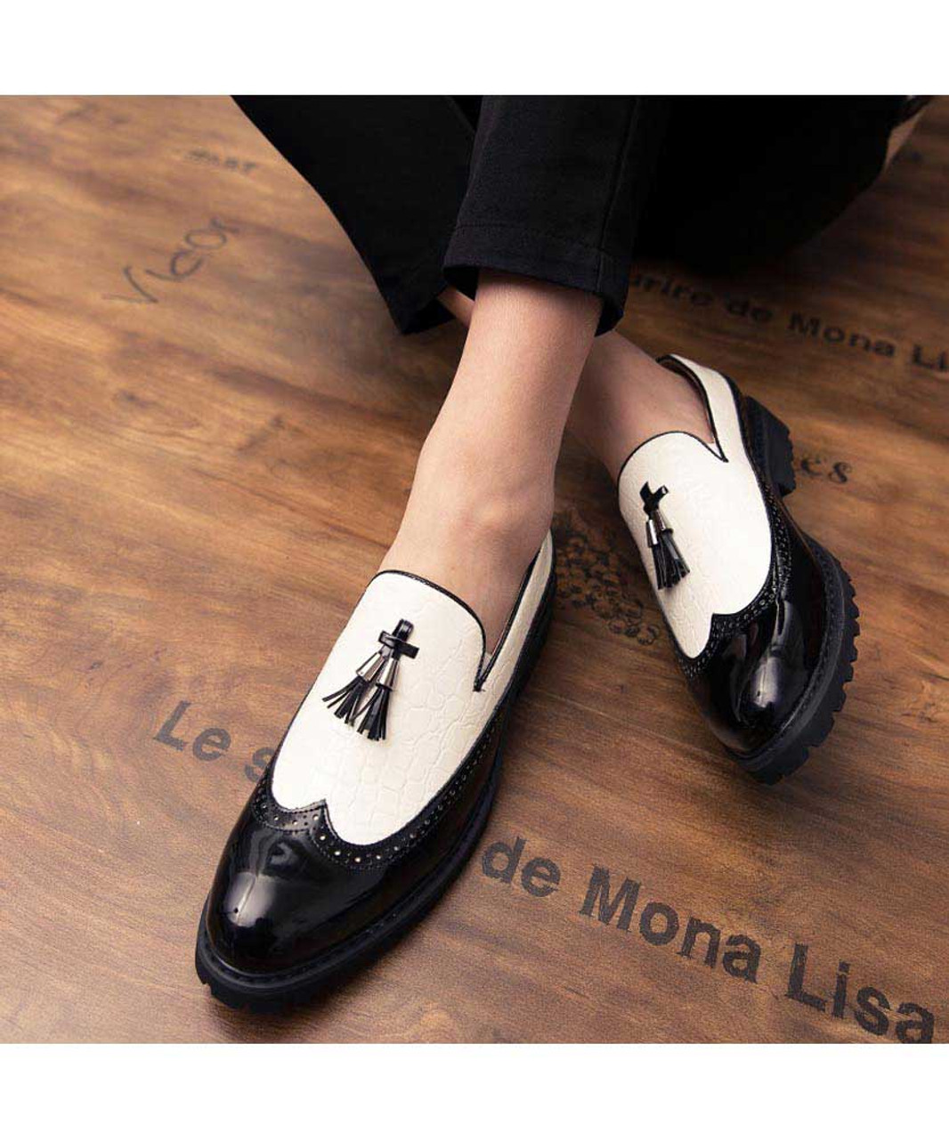 White black brogue croco patent slip on dress shoe with tassel | Mens ...