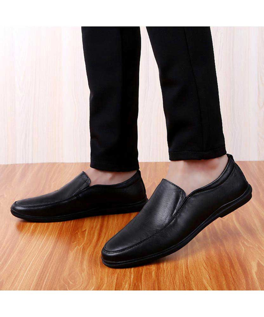 Black plain leather slip on shoe loafer curved toe | Mens shoe loafers ...