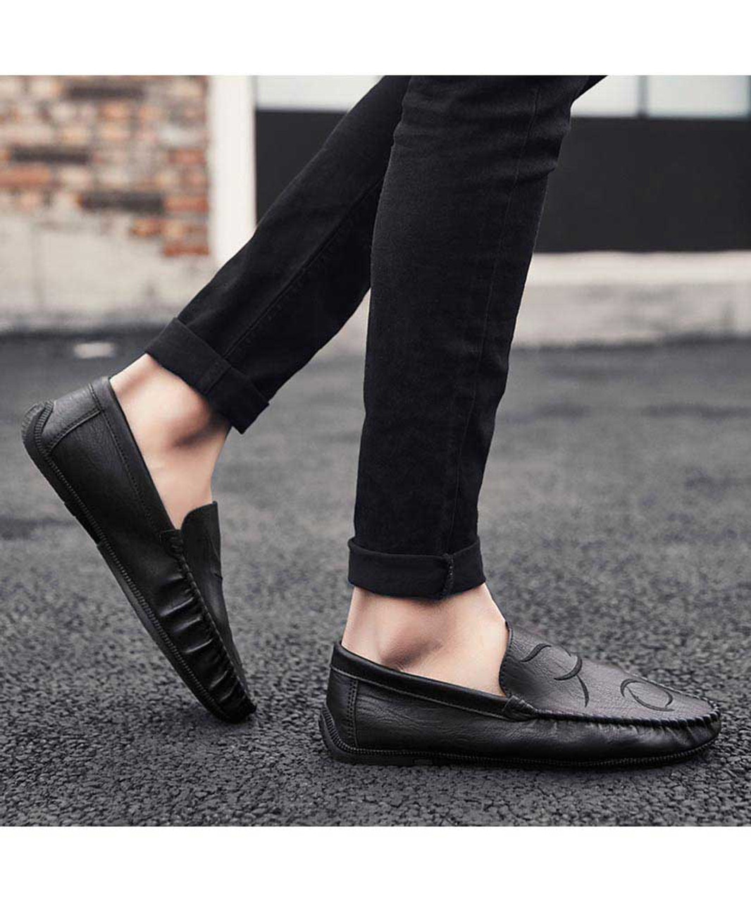 Black curve stripe leather slip on shoe loafer | Mens shoe loafers ...