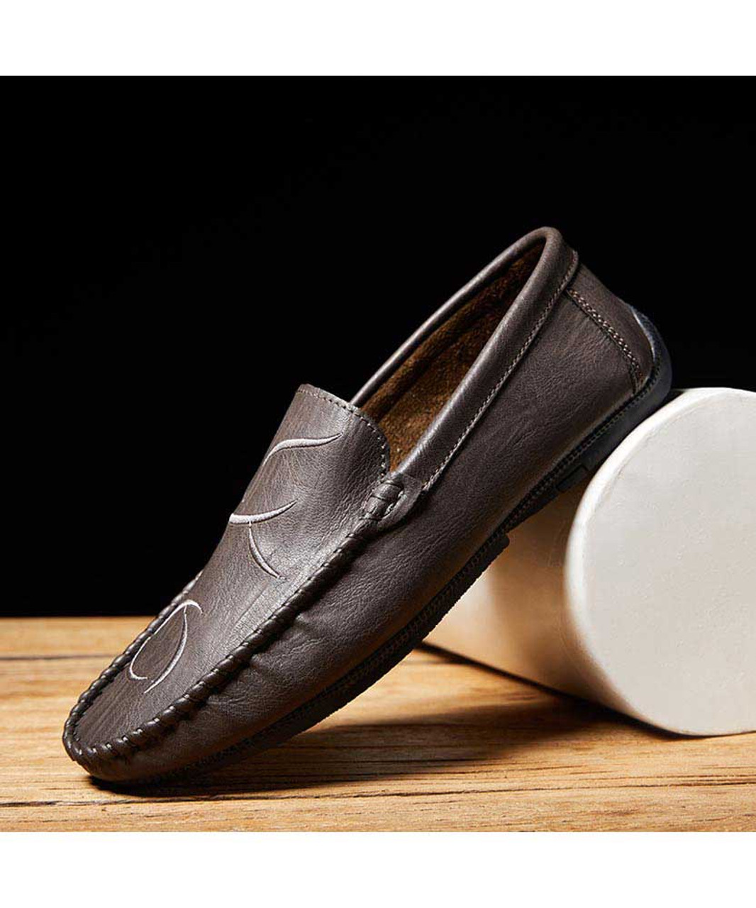 Khaki curve stripe leather slip on shoe loafer | Mens shoe loafers ...