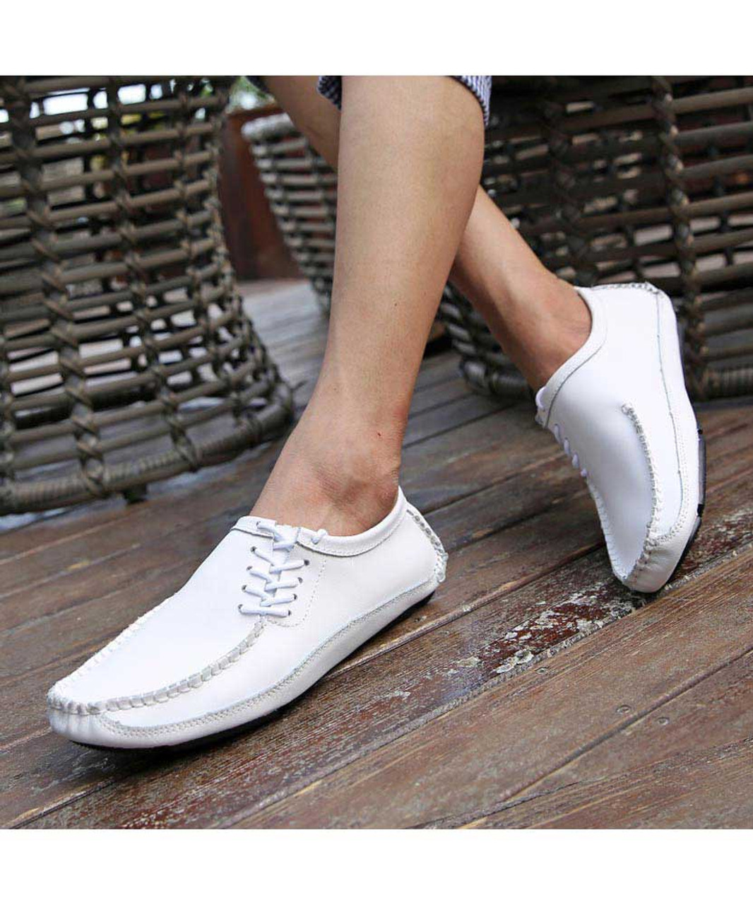 White leather slip on shoe loafer lace on side | Mens shoe loafers ...