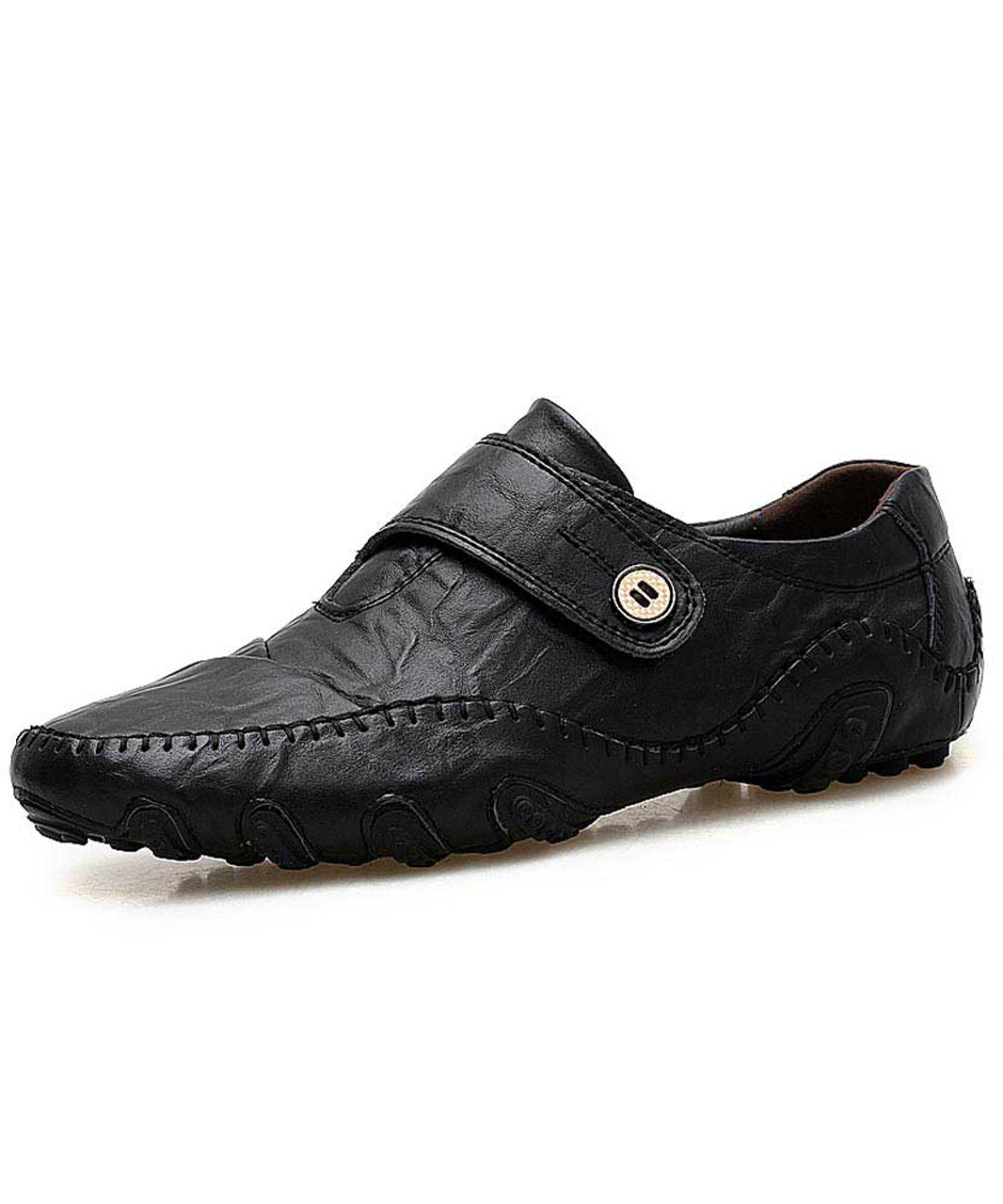 Black velcro sewed leather slip on shoe loafer | Mens shoe loafers