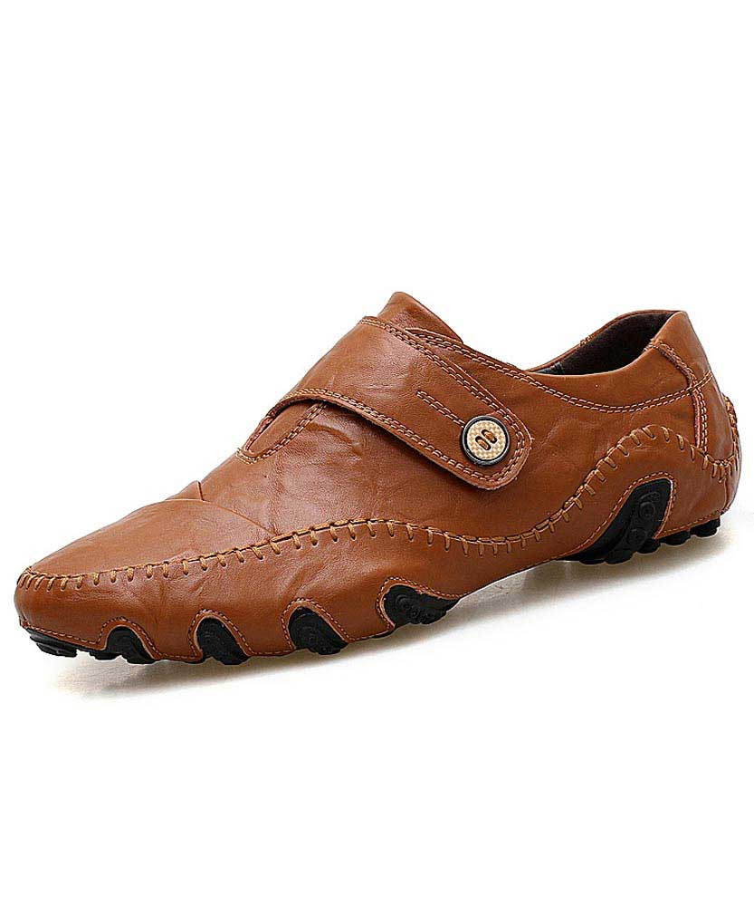 Brown velcro sewed leather slip on shoe 