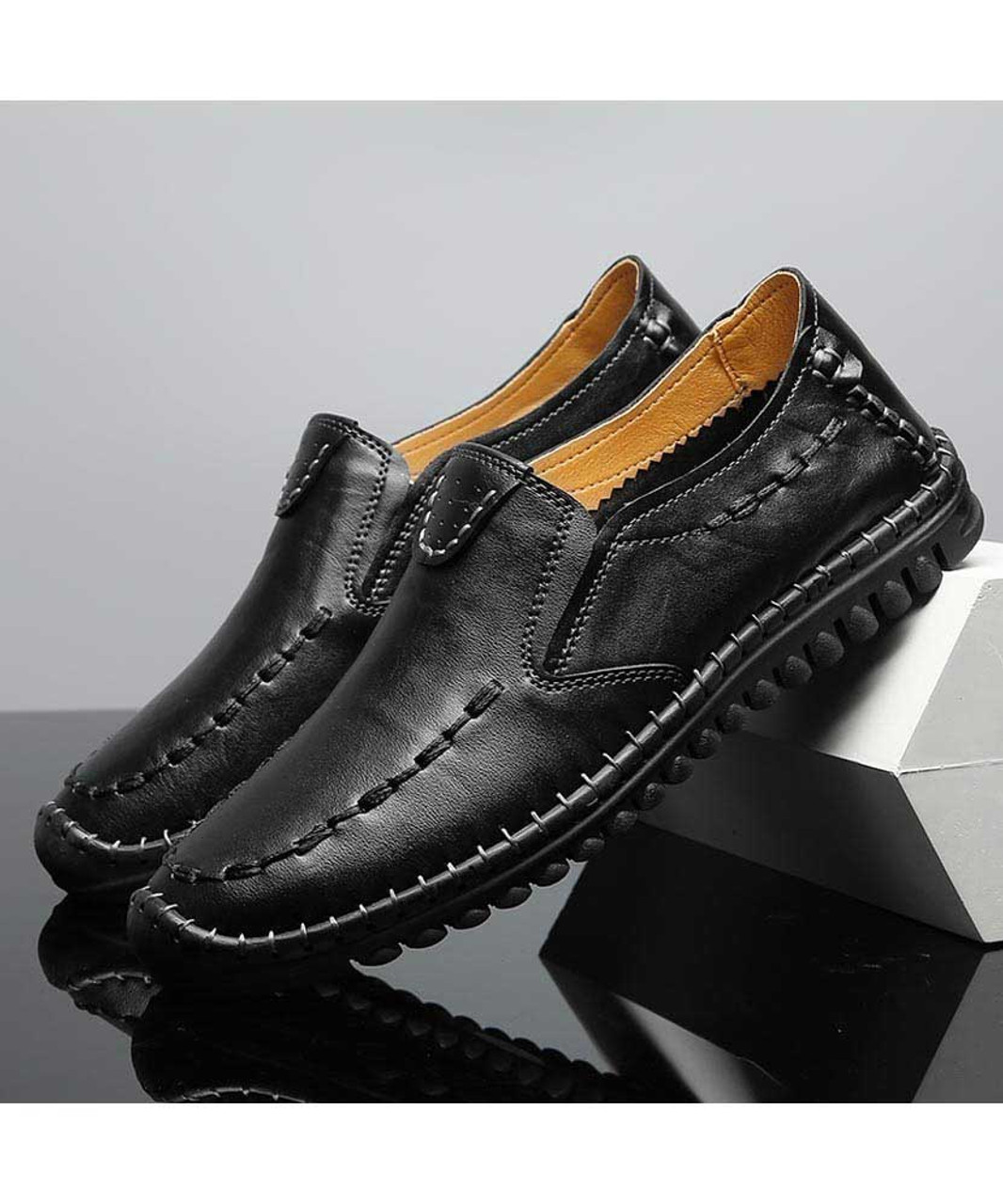 Black retro sewed leather slip on shoe loafer | Mens shoe loafers ...