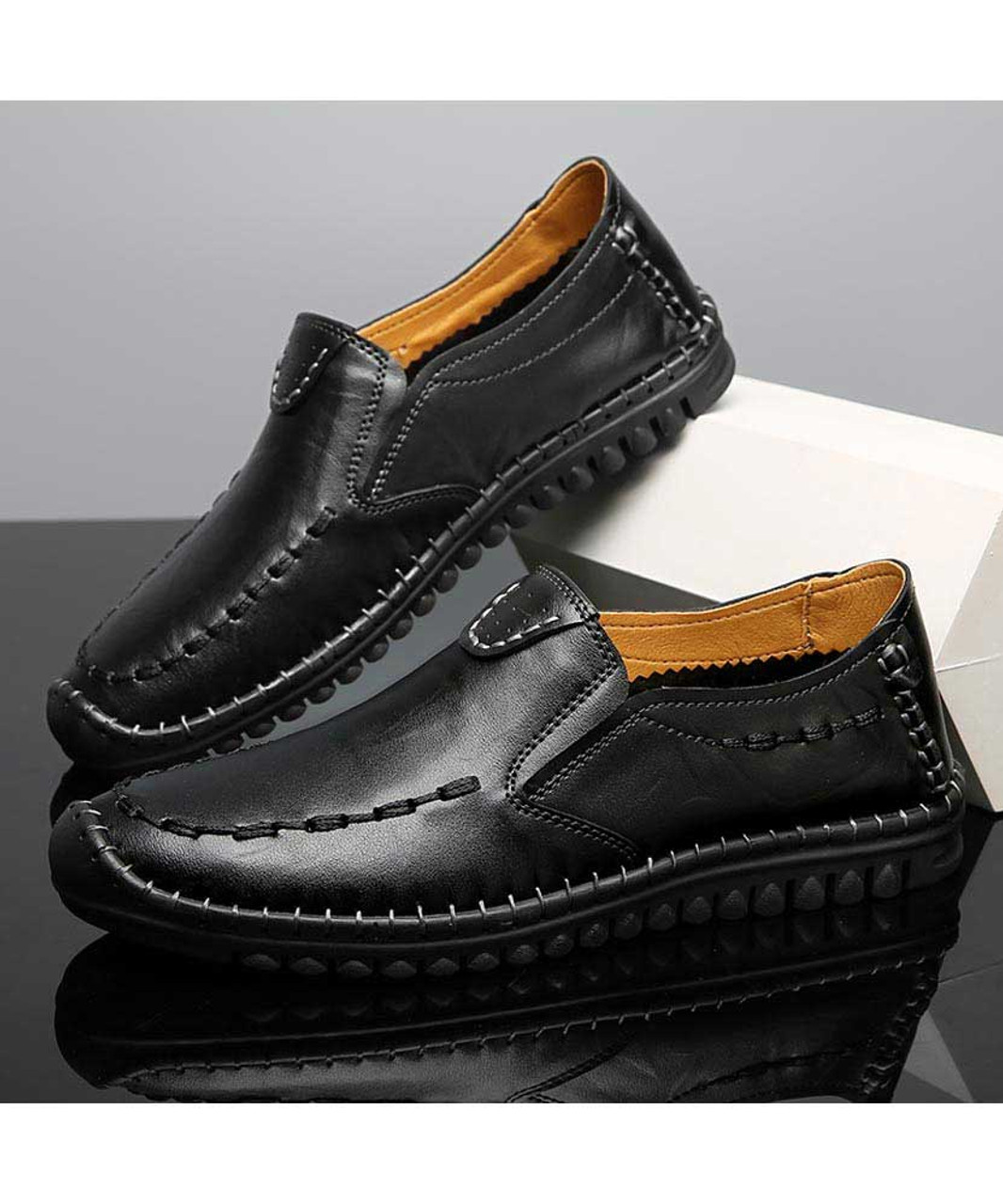 Black retro sewed leather slip on shoe loafer | Mens shoe loafers ...