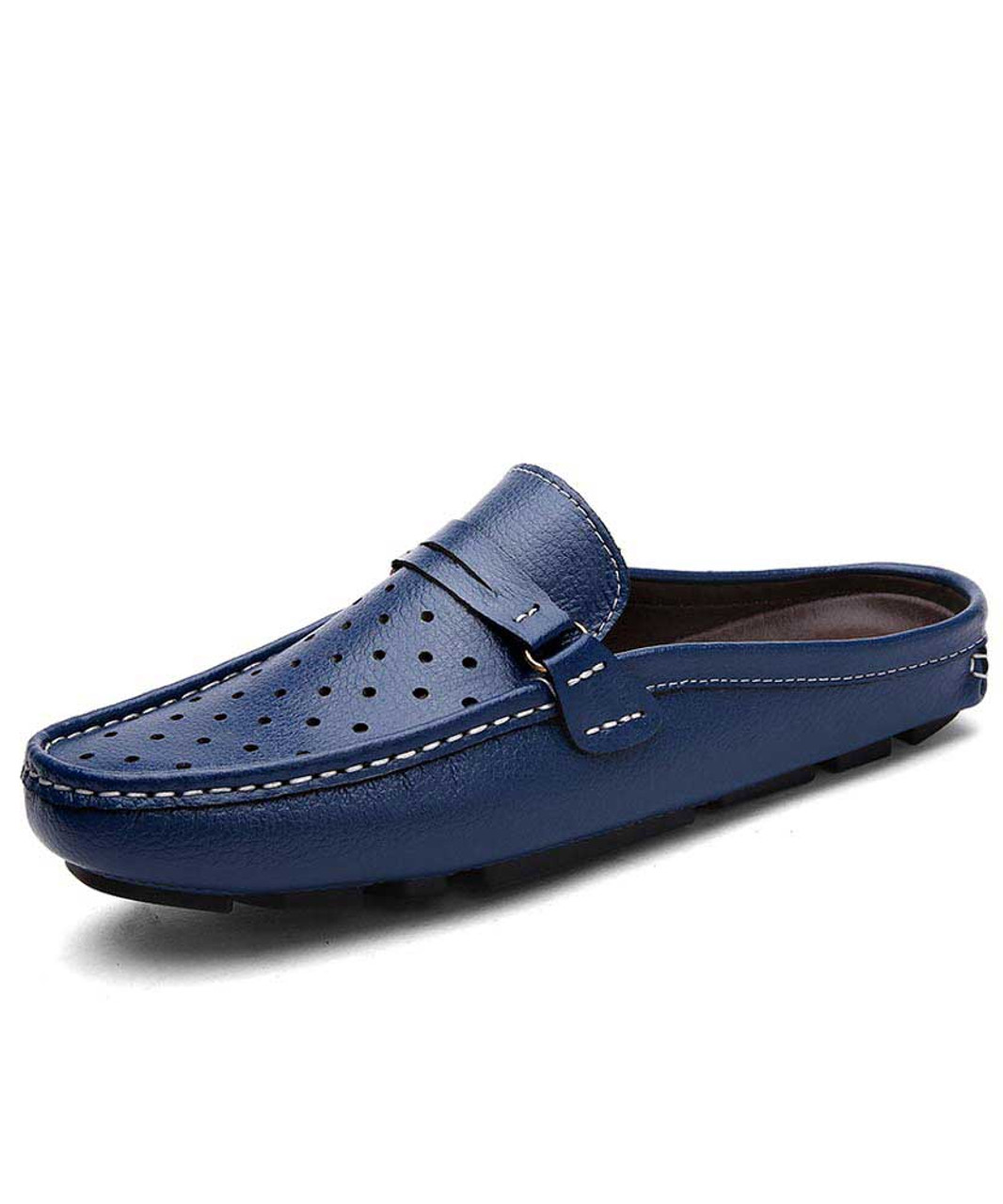 Blue hollow leather slip on half shoe 
