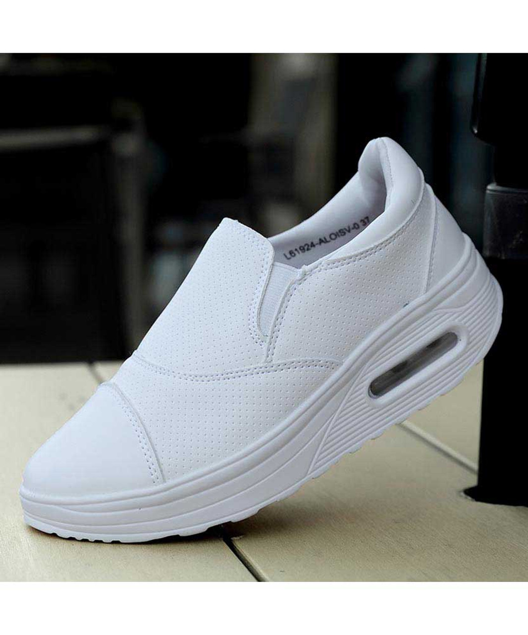 White slip on rocker bottom shoe sneaker in plain | Womens rocker shoes ...