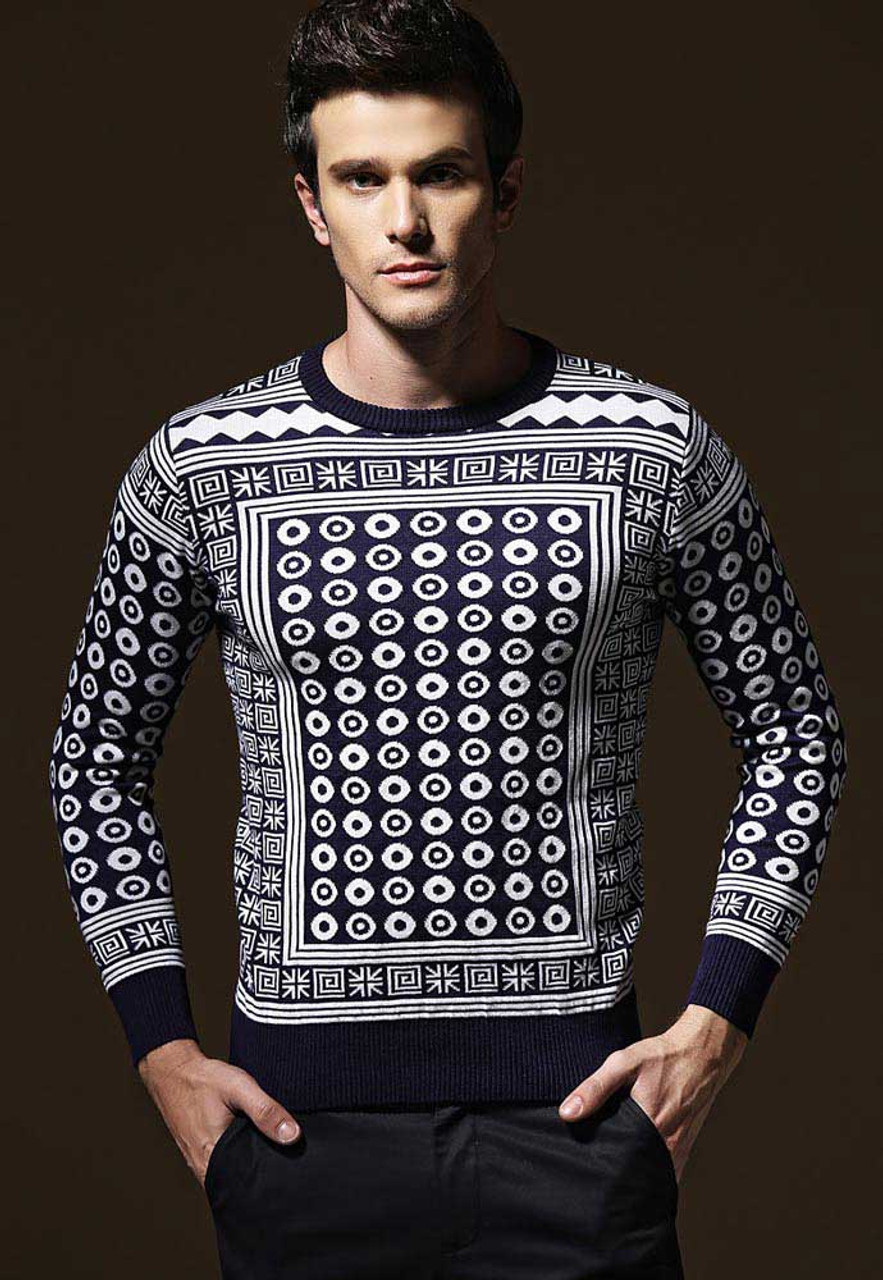 Blue white mix texture pattern long sleeve sweater | Mens sweaters ...