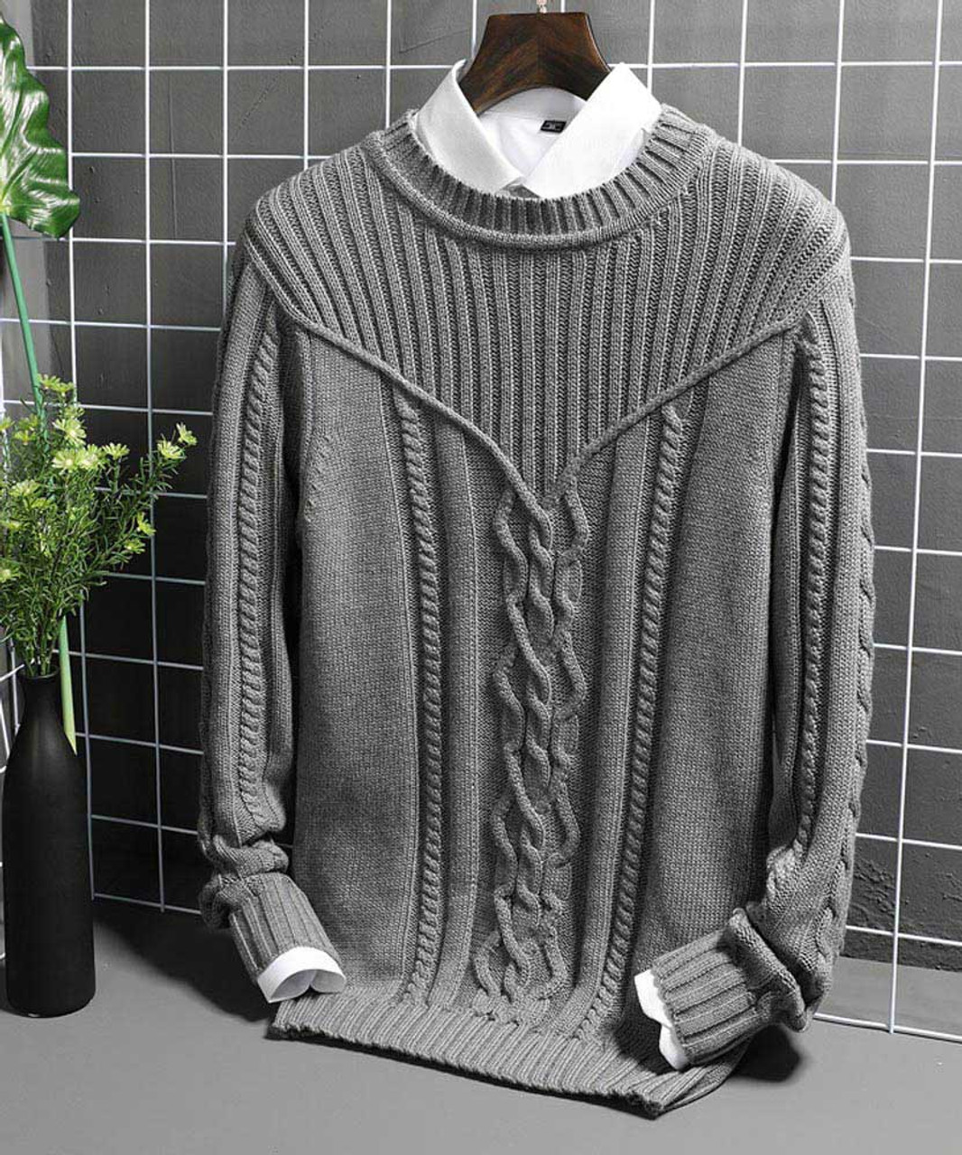 Grey pattern stripe texture long sleeve sweater Mens sweaters