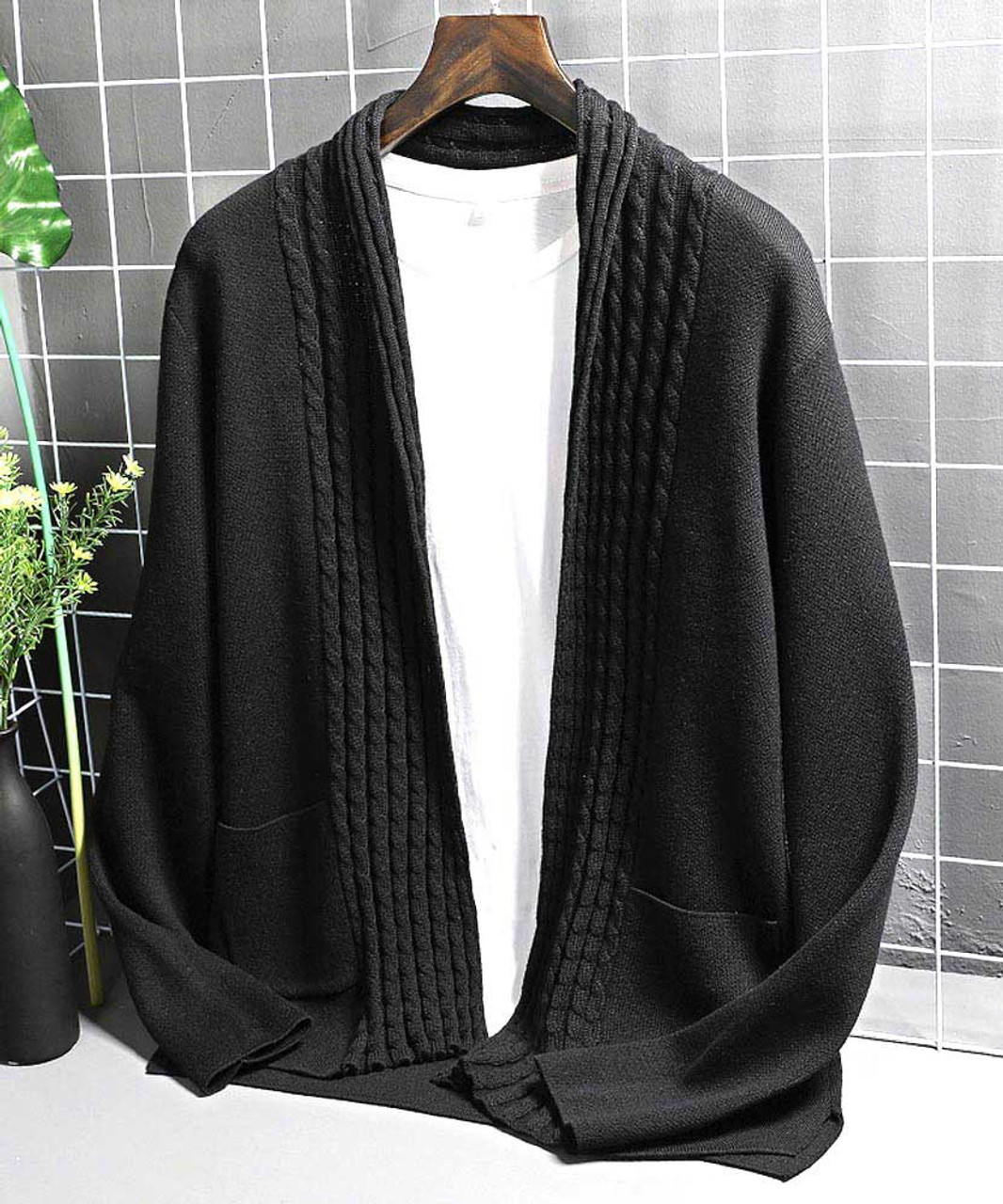 Black stripe long sleeve sweater cardigan with front pockets