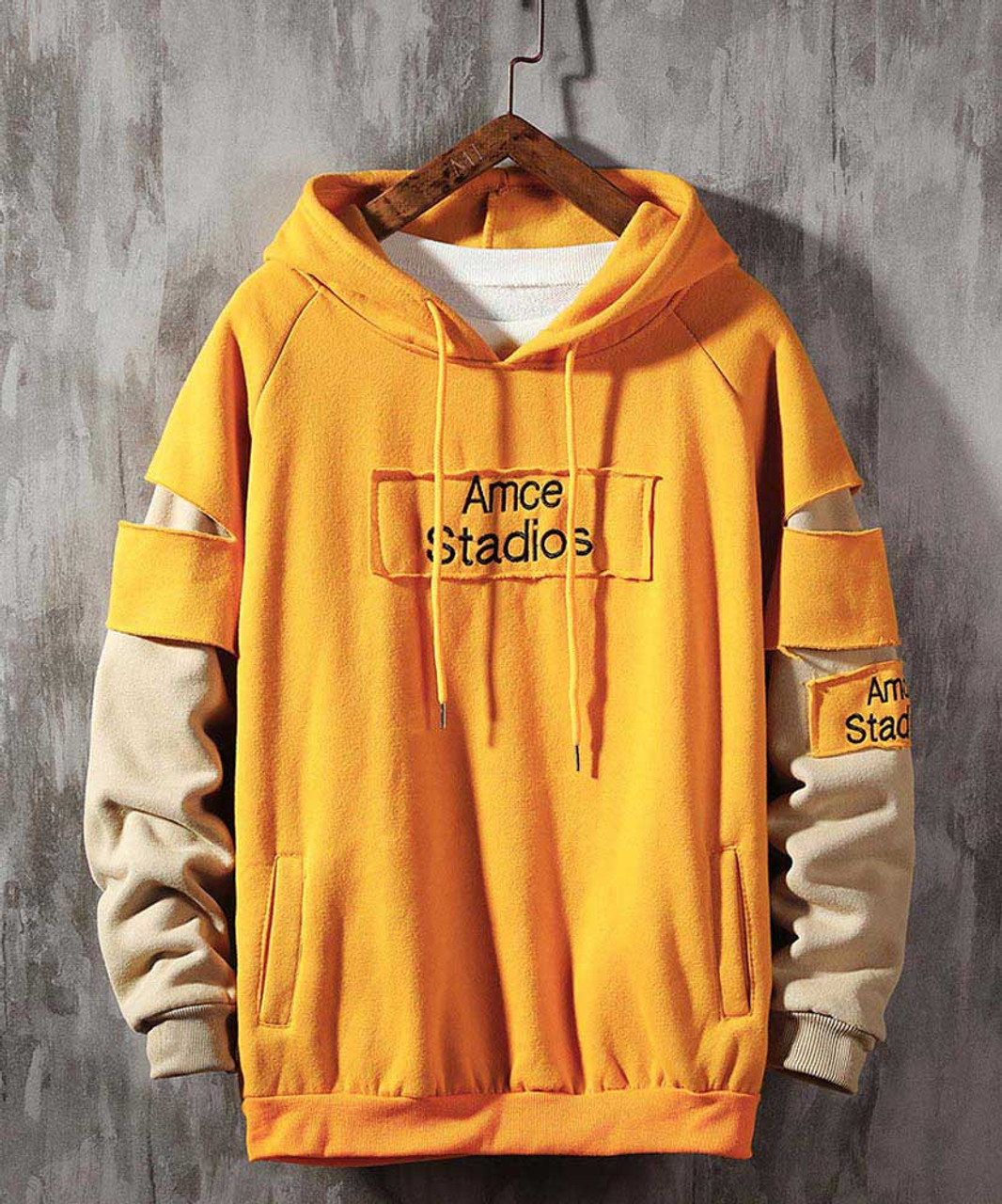 Yellow label pattern shoulder cut out hoodies | Mens hoodies online ...
