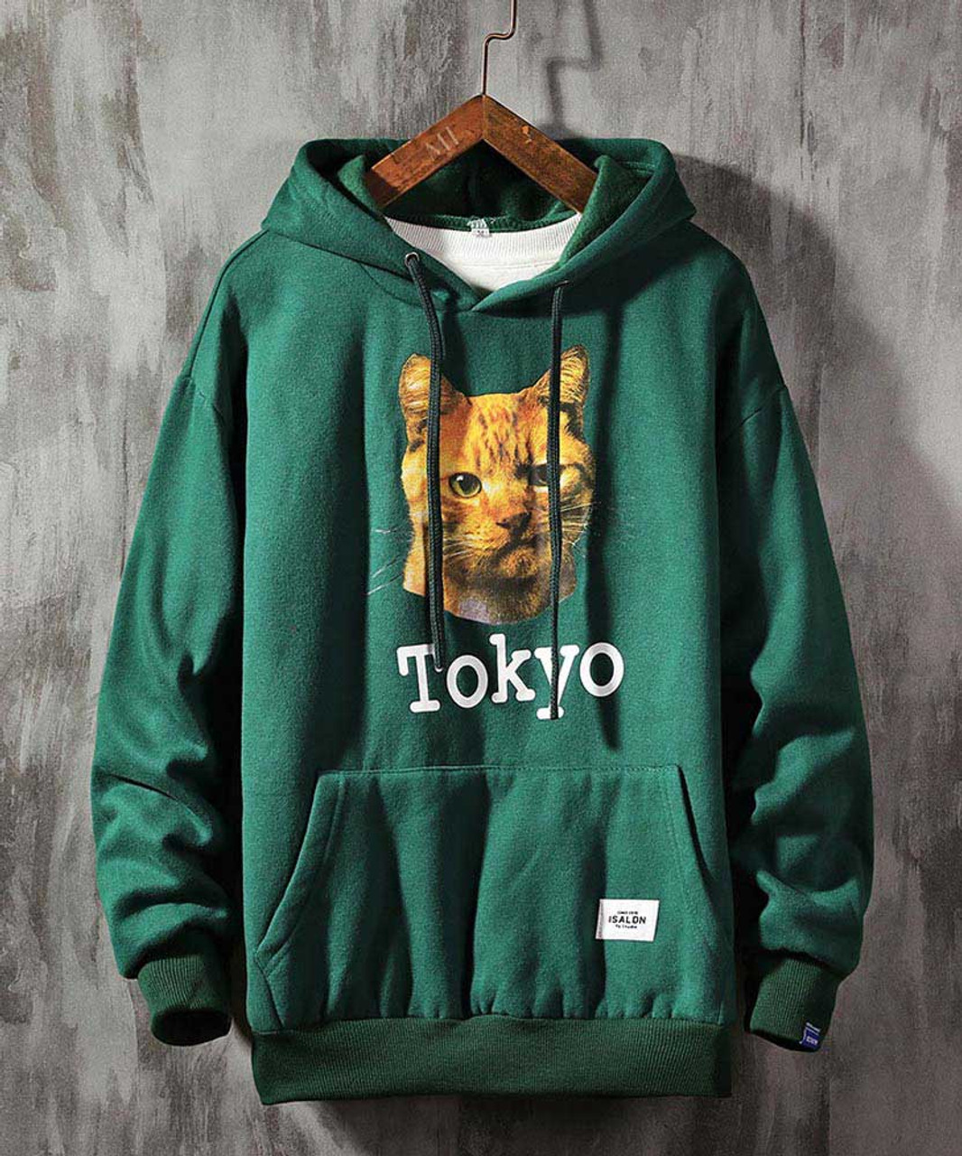 Green Tokyo cat pattern print hoodies with pouch pocket | Mens