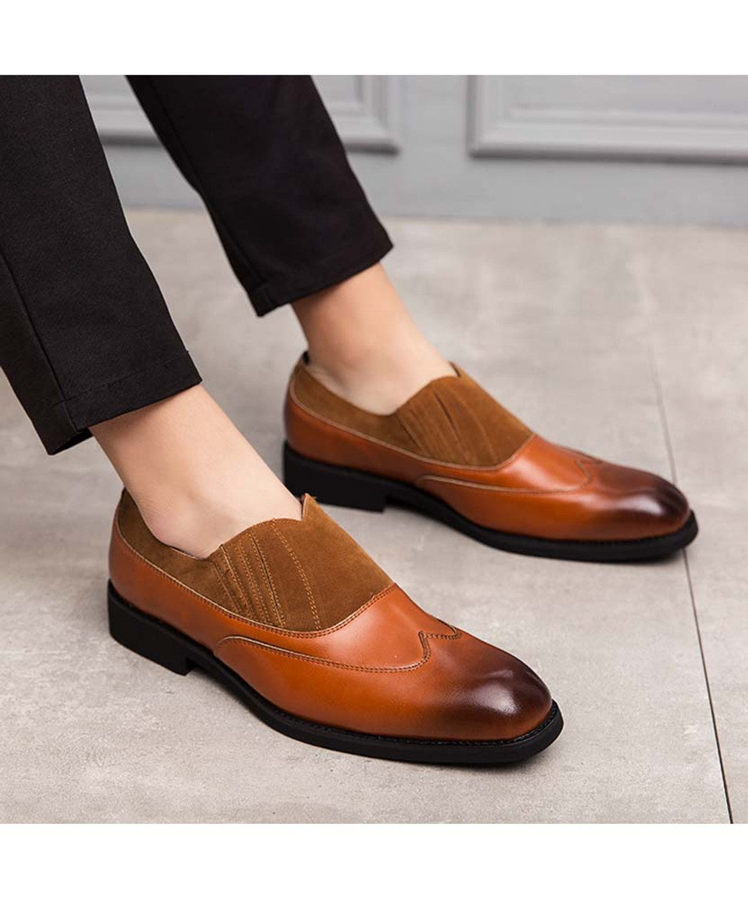 Brown retro sewed effect leather slip on dress shoe | Mens dress shoes ...