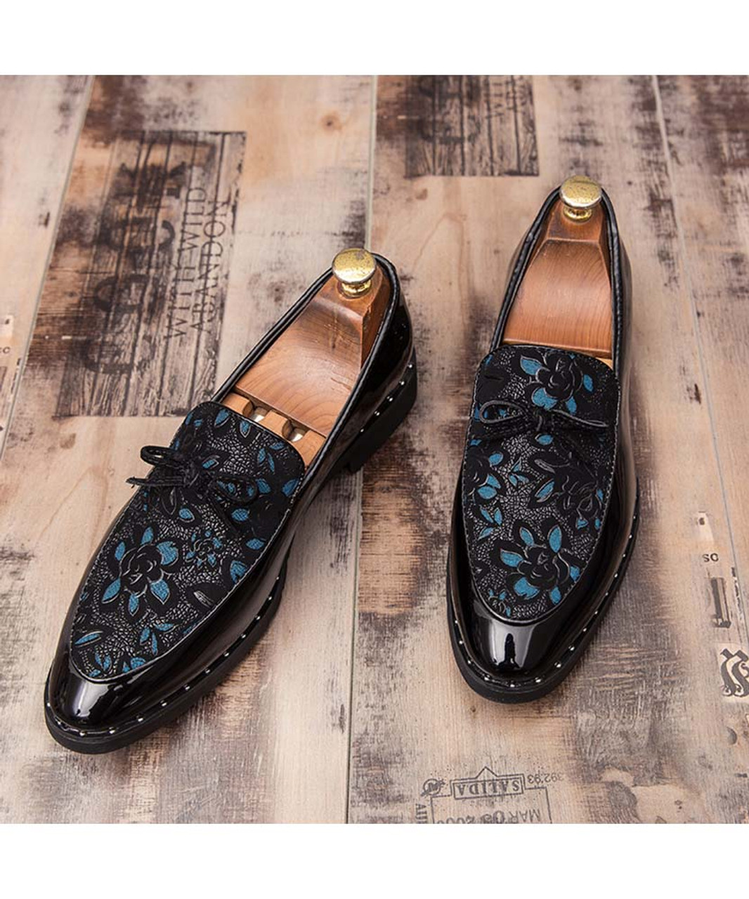 Black blue floral pattern slip on dress shoe with bow tie | Mens dress ...