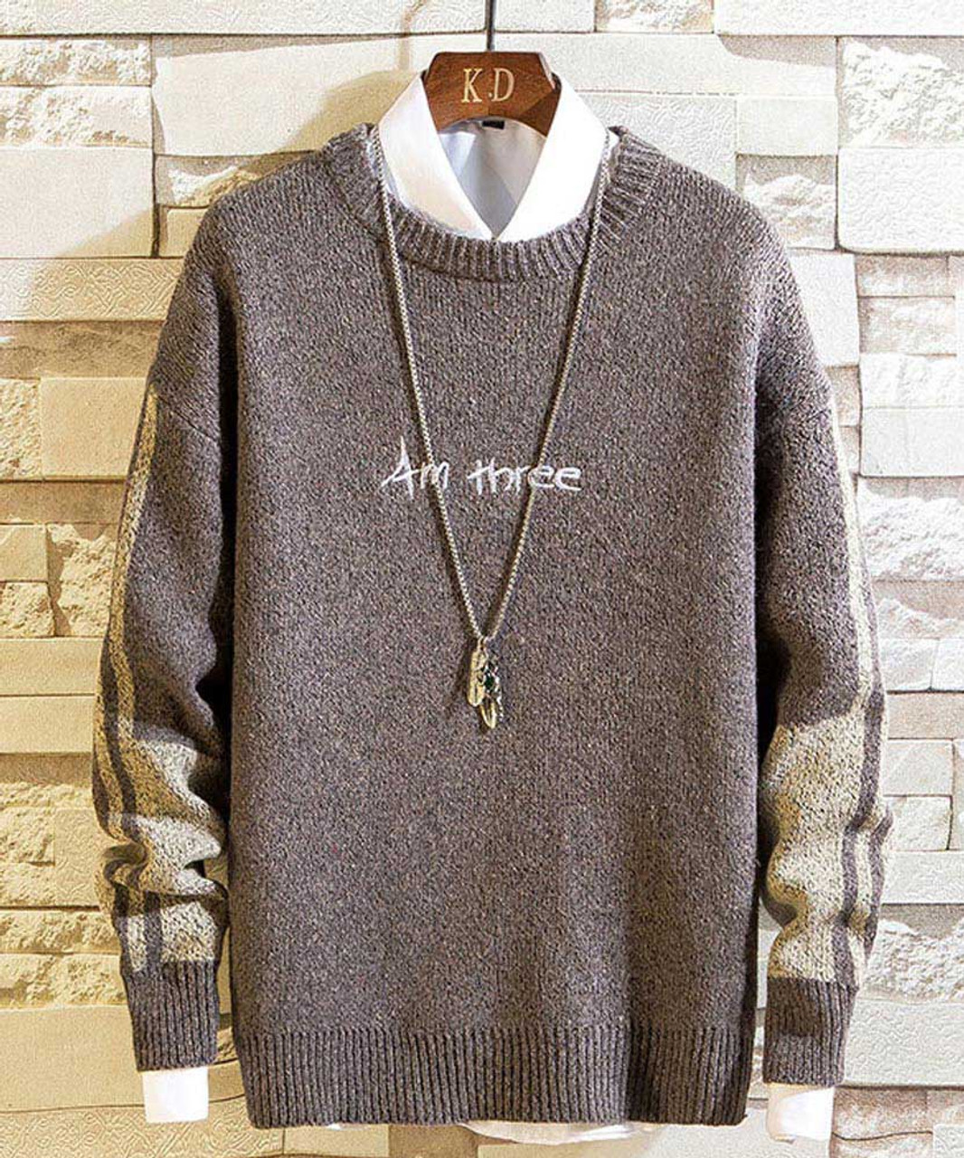 Khaki mix color letter pull over sweater | Mens sweaters jumpers online 1482MCLO