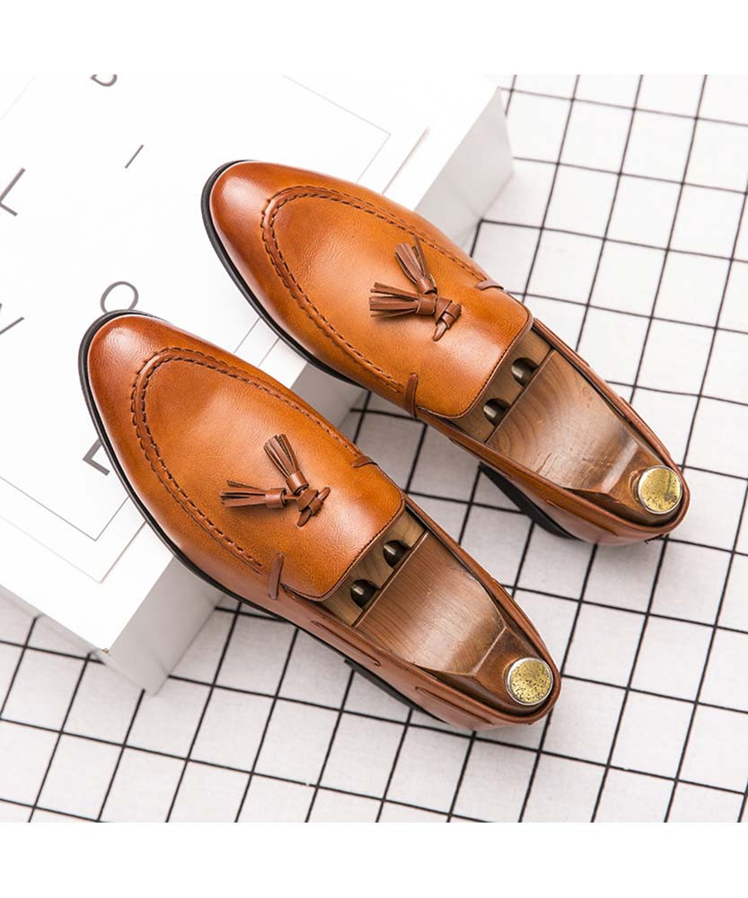Brown tassel on vamp leather slip on dress shoe Mens dress shoes