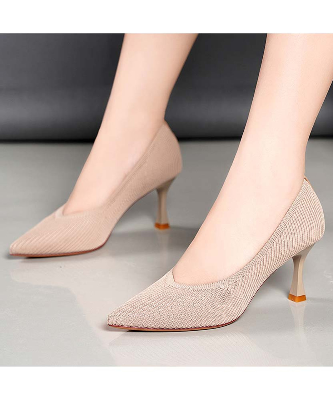 Apricot knit stripe texture heel dress shoe point toe | Womens heel ...