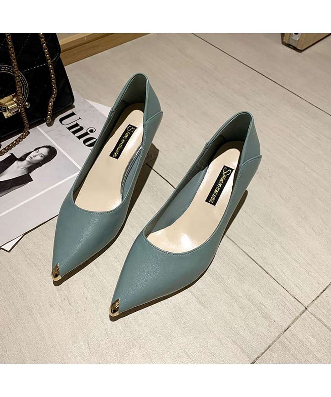 Blue green metal toe front heel slip on dress shoe | Womens heel dress ...