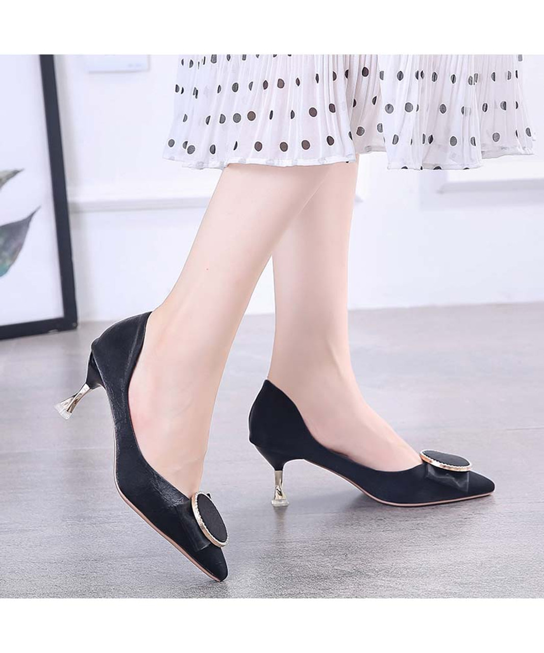 Black round rhinestone slip on heel dress shoe | Womens heel dress ...