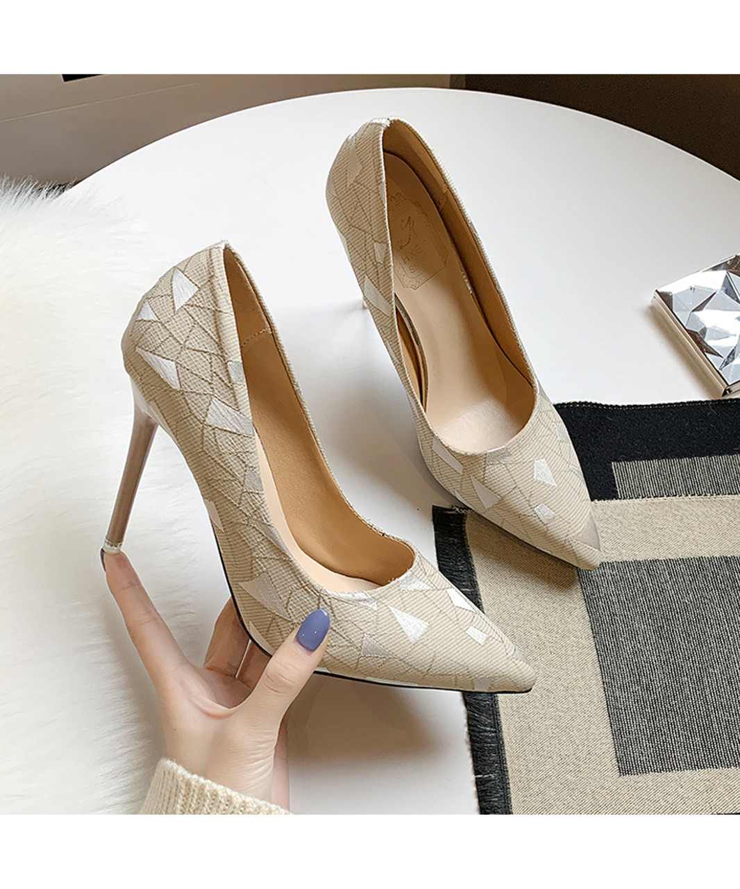 Khaki irregular shapes pattern slip on heel dress shoe | Womens heel ...