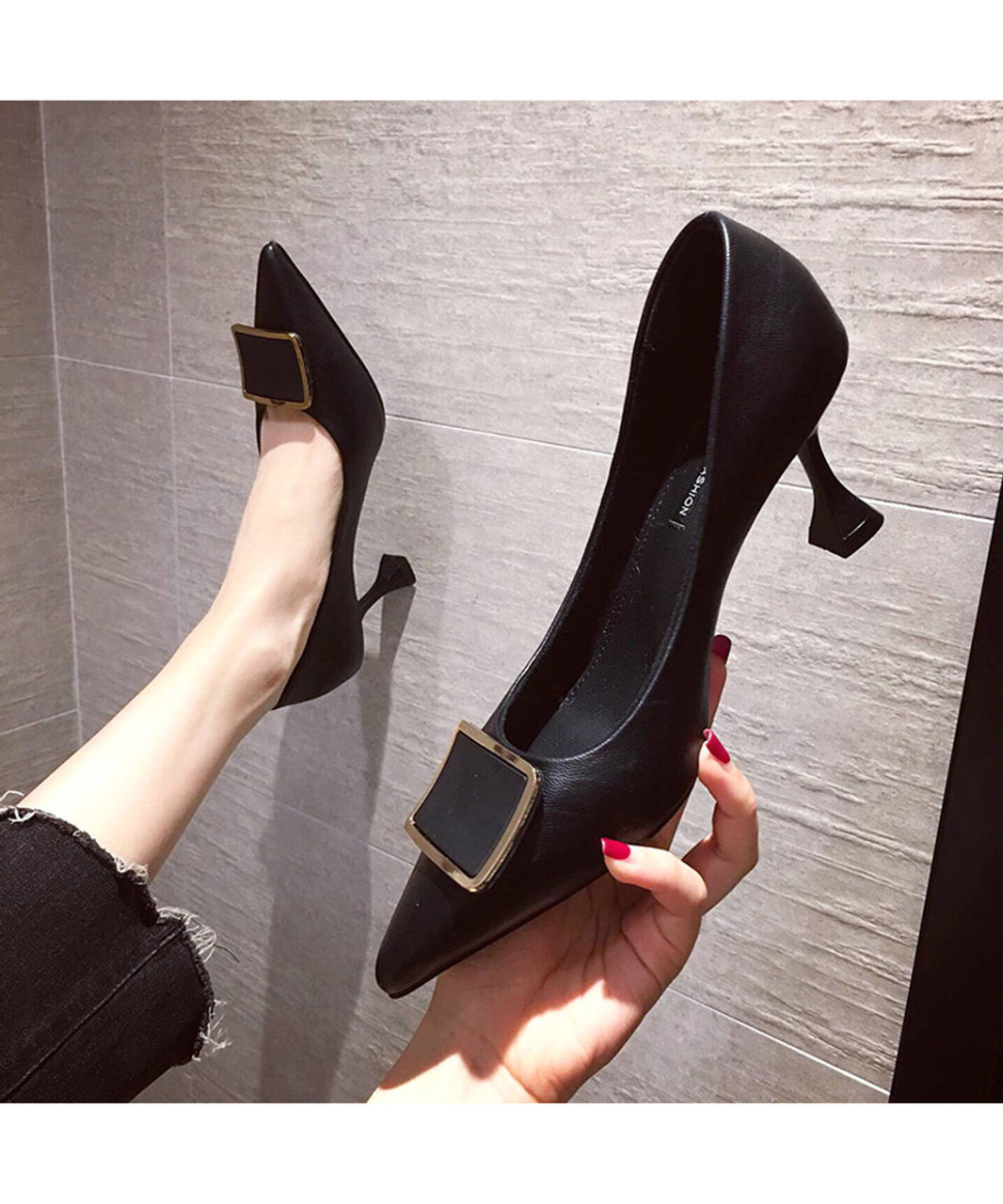 Black square buckle slip on heel dress shoe | Womens heel dress shoes ...