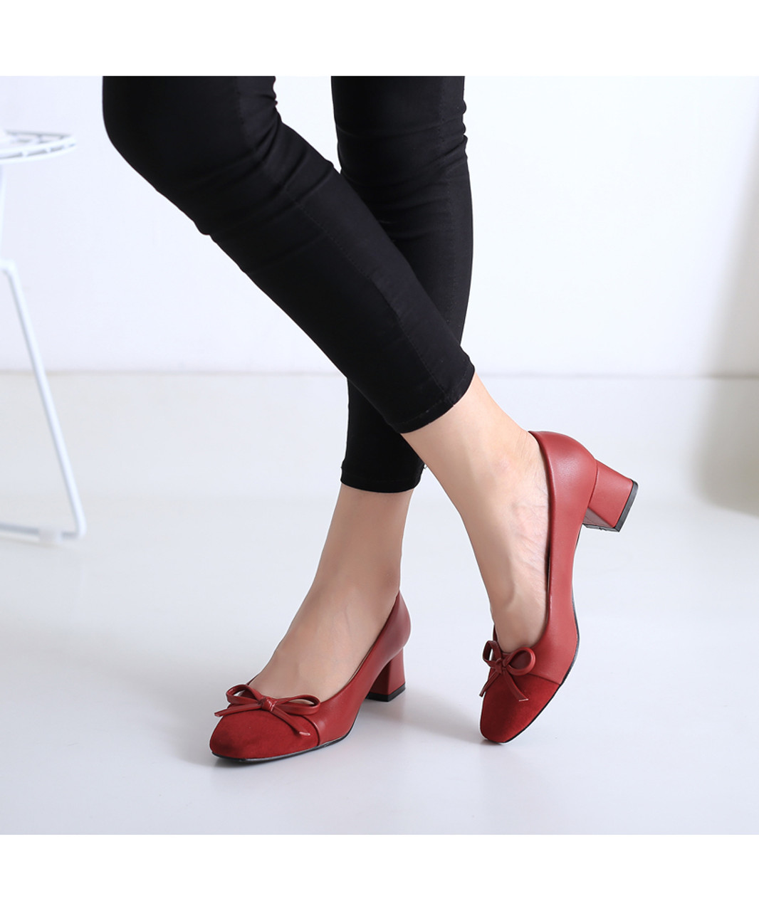 Red bow tie n vamp slip on thick heel dress shoe | Womens heel dress ...