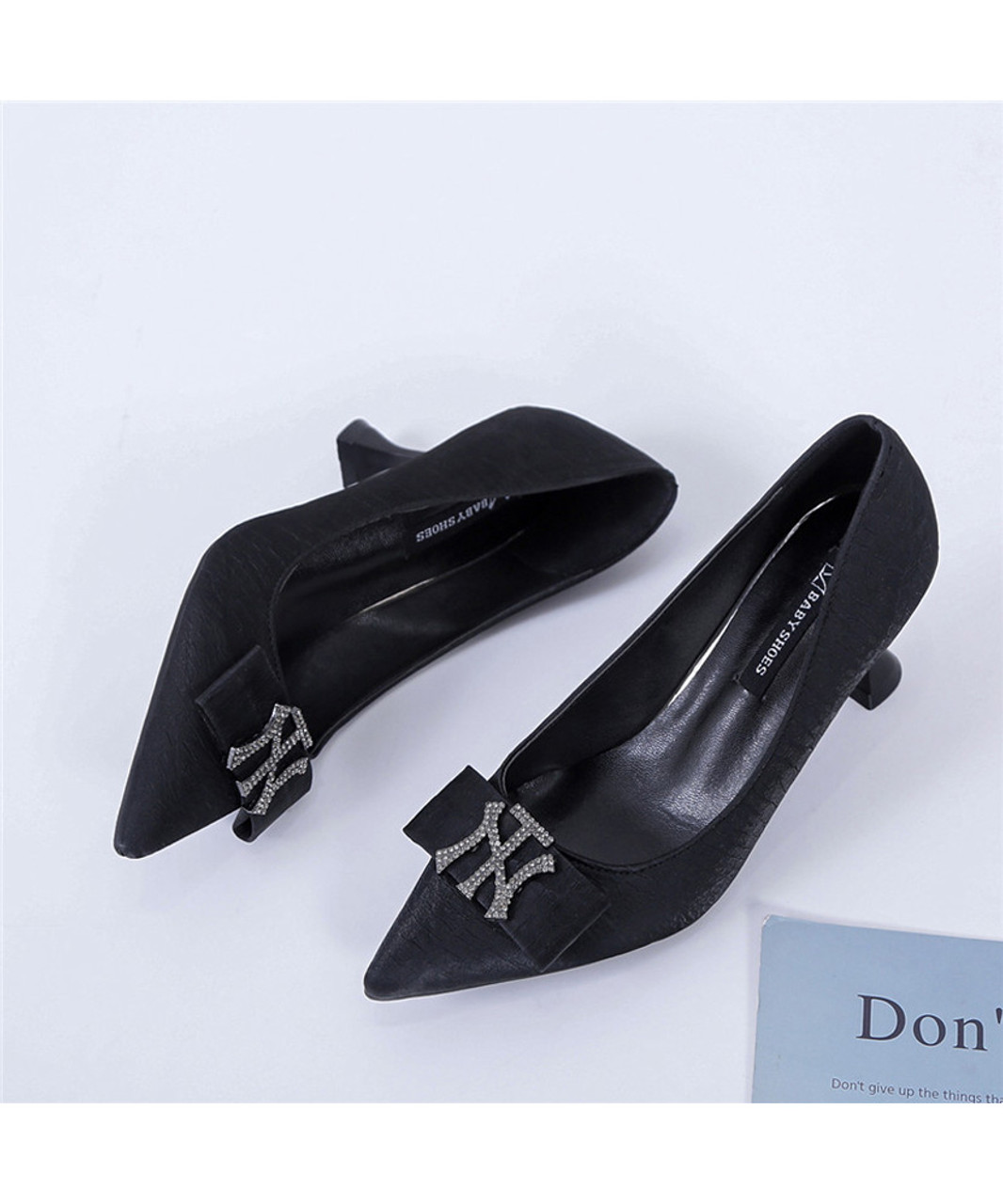 Black rhinestones buckle pattern slip on heel dress shoe | Womens heel ...