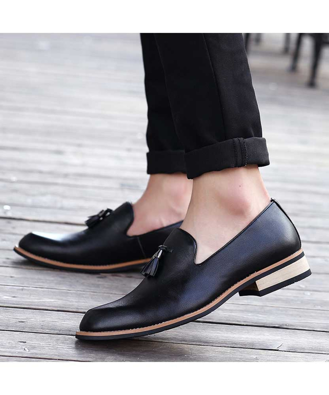 Black tassel on vamp leather slip on dress shoe | Mens dress shoes ...