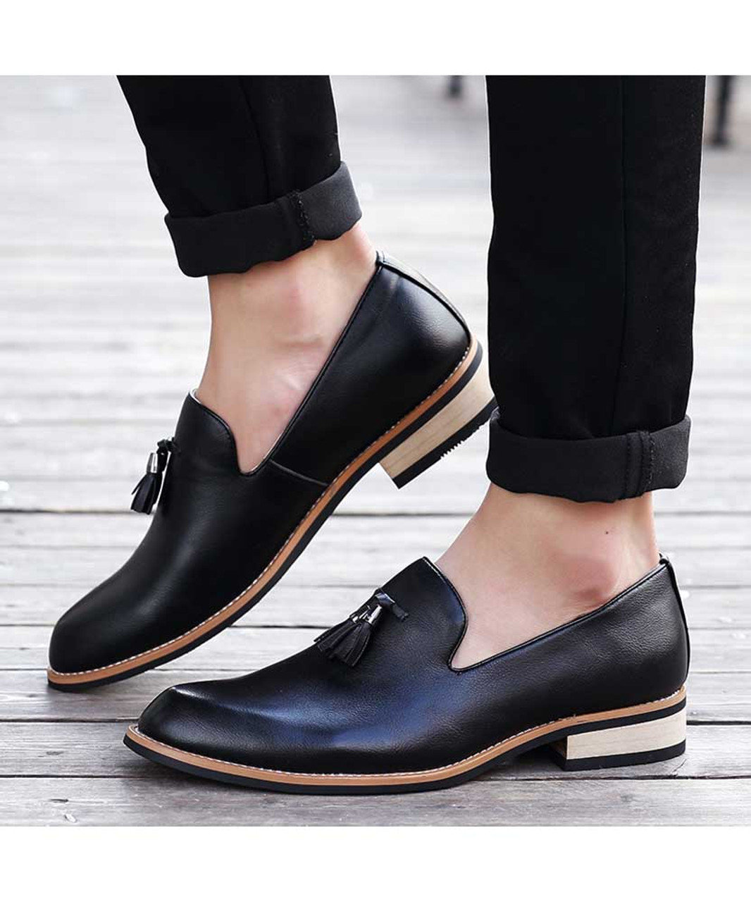 Black tassel on vamp leather slip on dress shoe | Mens dress shoes ...