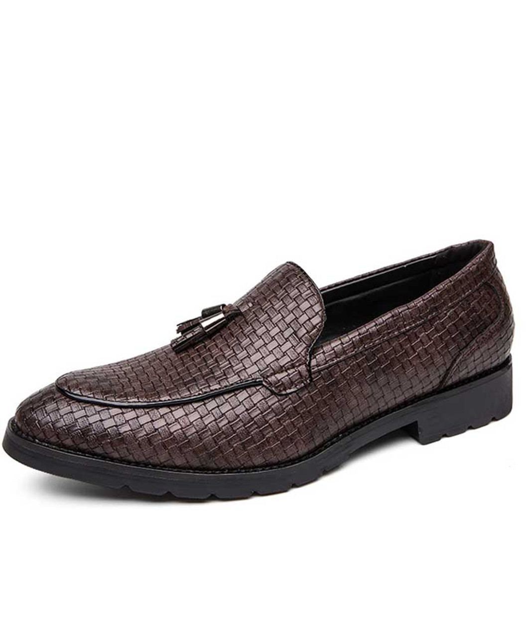Brown tassel check pattern leather slip on dress shoe | Mens dress ...