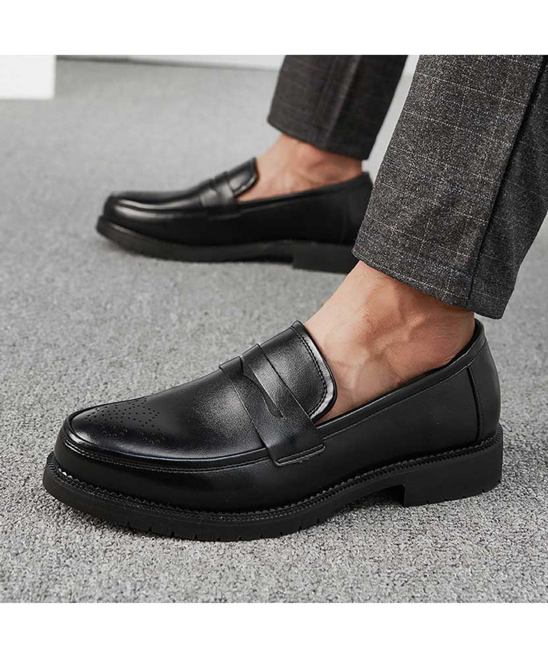 Black brogue leather slip on penny dress shoe | Mens dress shoes online ...