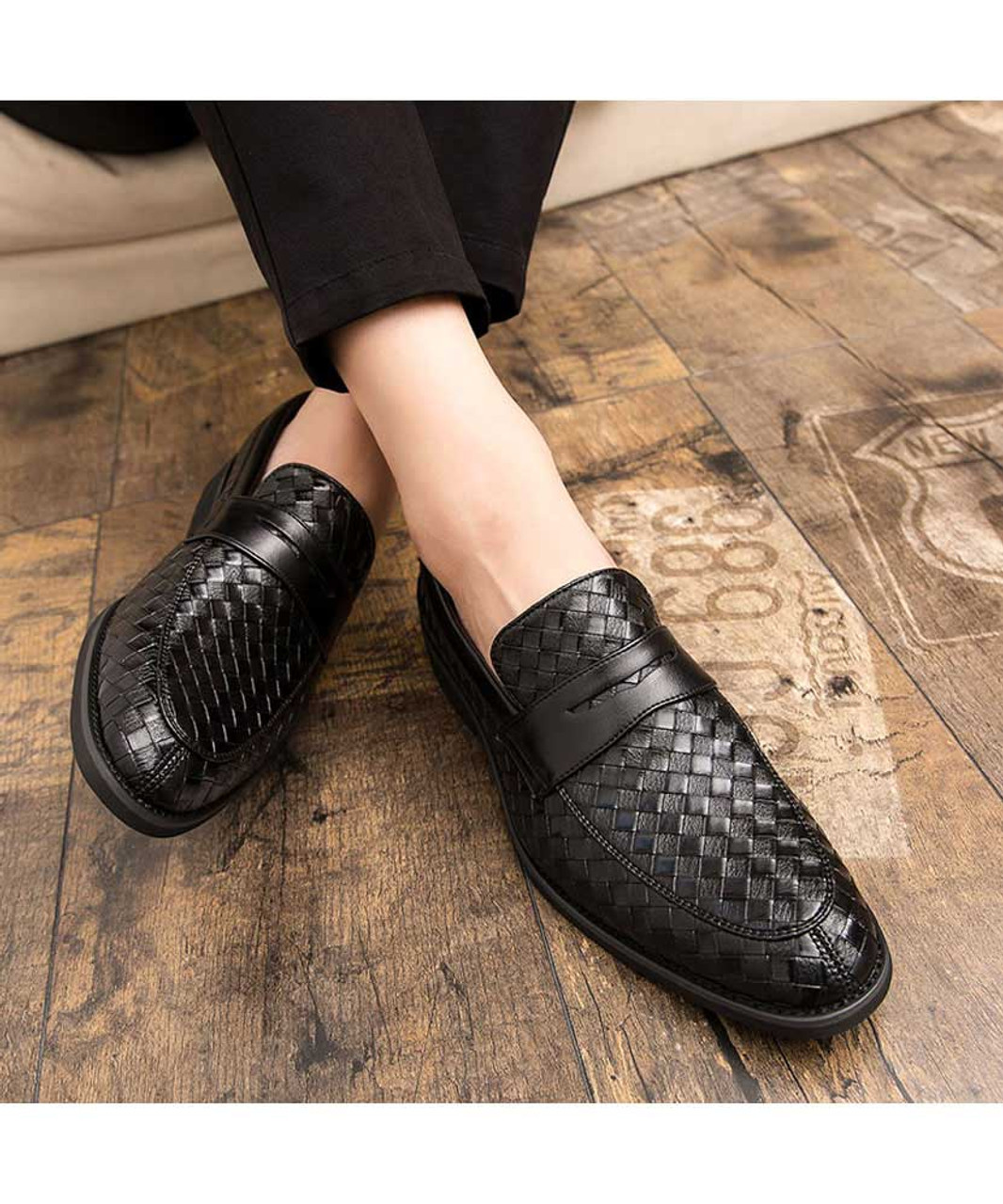 Black check pattern leather penny slip on dress shoe | Mens dress shoes ...