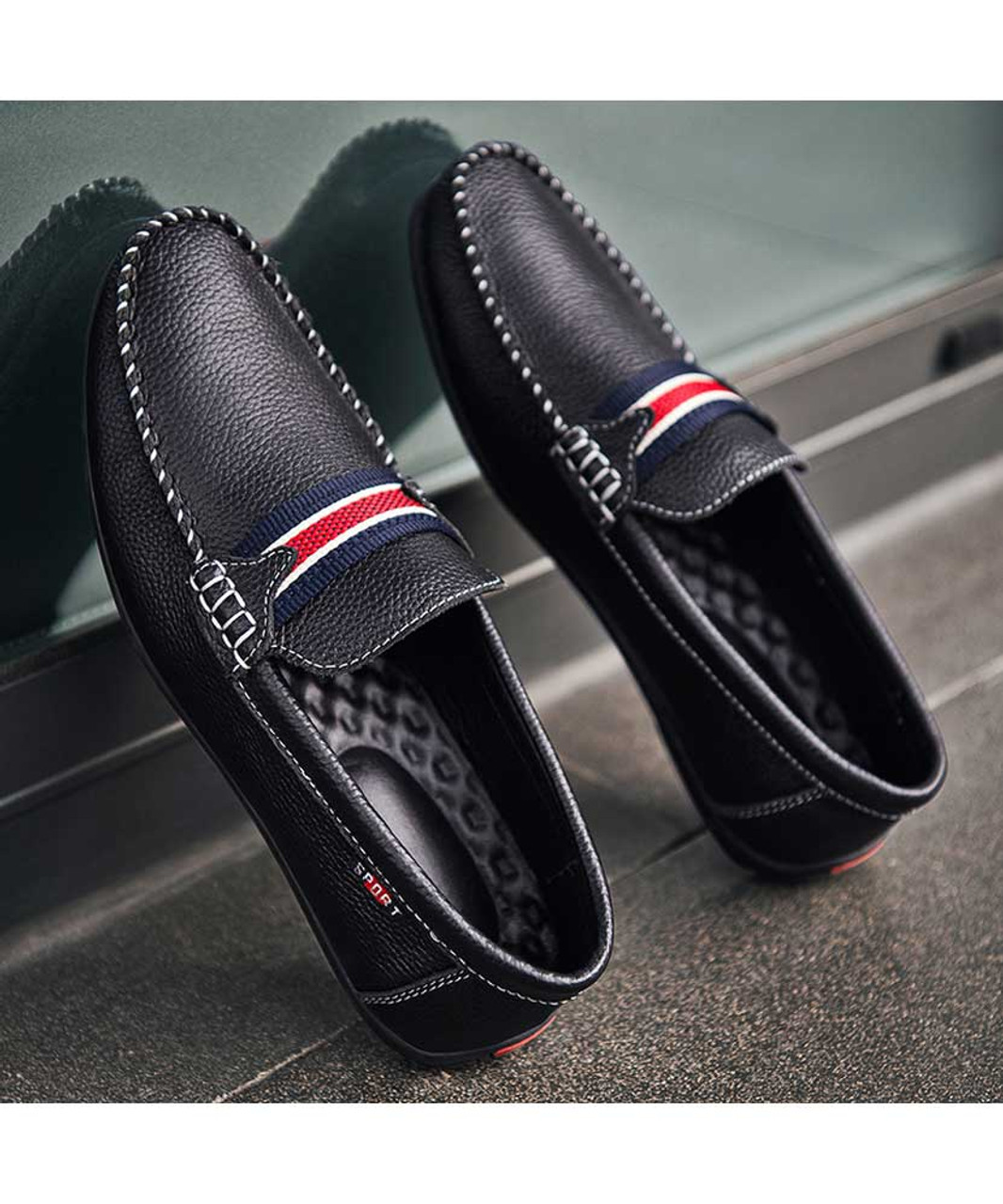 Black color stripe leather slip on shoe loafer | Mens shoe loafers ...